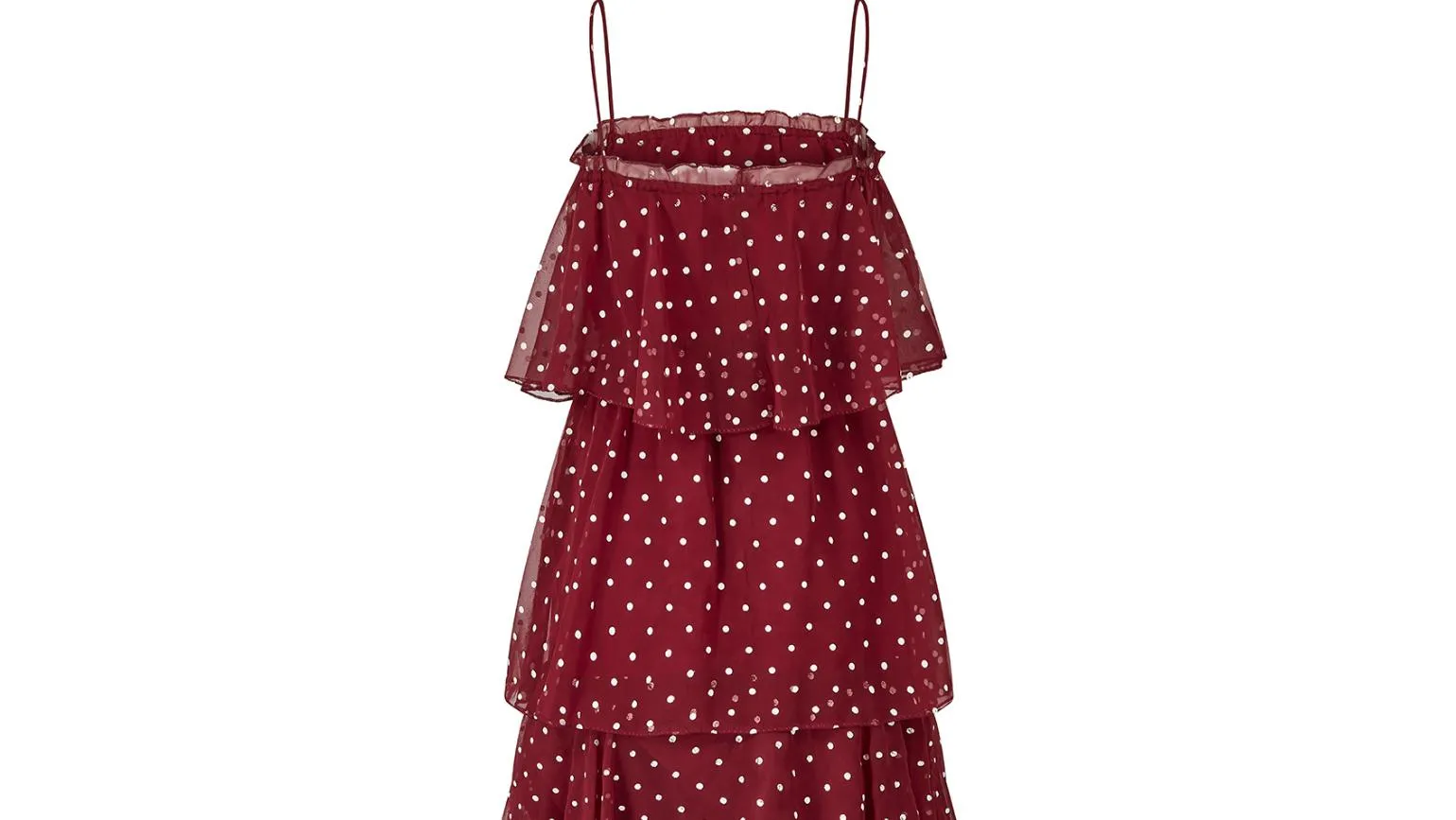 1970s Norman Berg Burgundy and White Polka Dot Tiered Dress