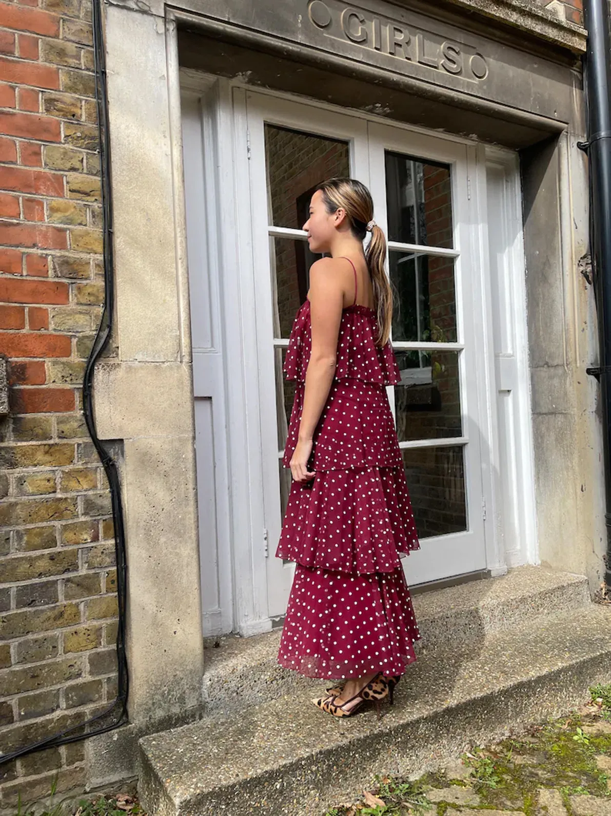 1970s Norman Berg Burgundy and White Polka Dot Tiered Dress