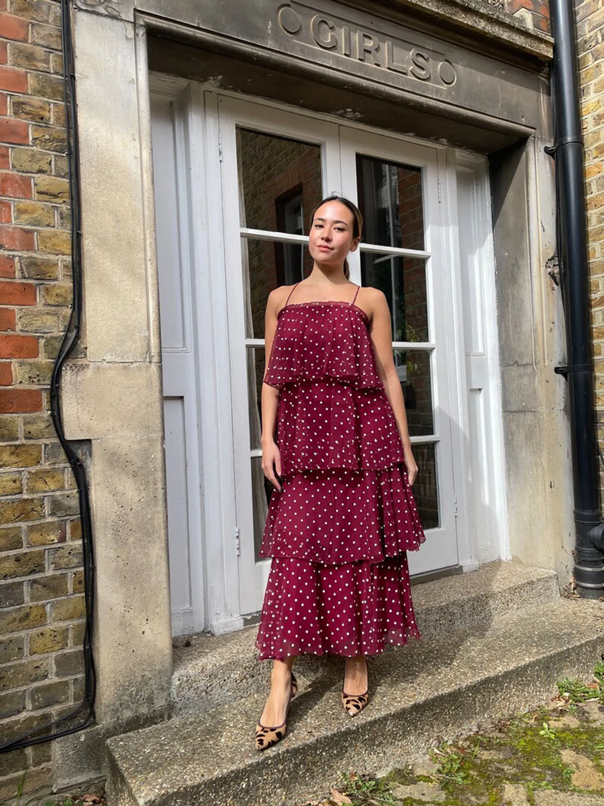 1970s Norman Berg Burgundy and White Polka Dot Tiered Dress