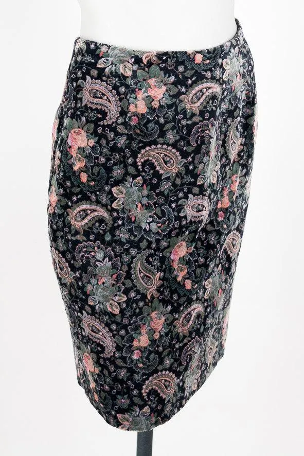 1990s Velvet Floral Paisley Pencil Skirt