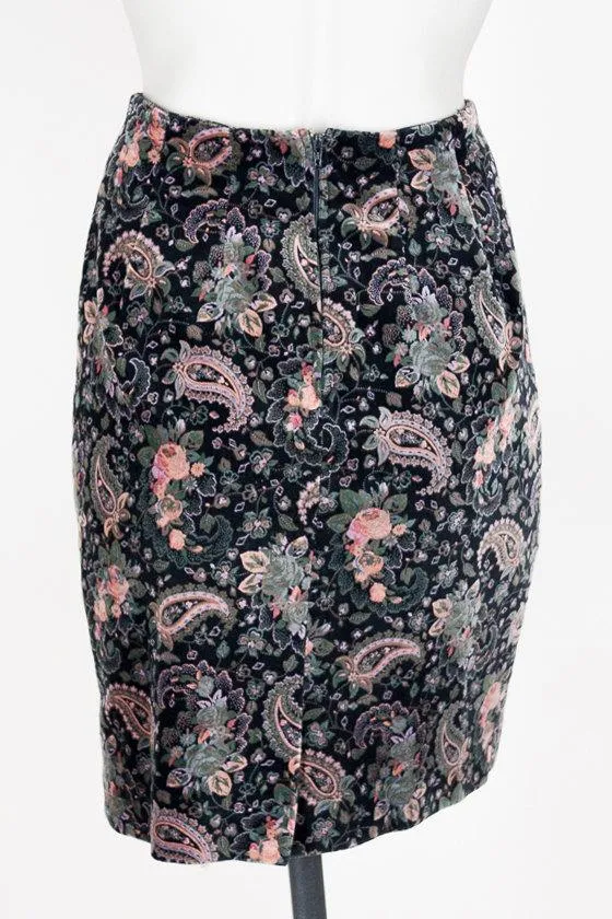 1990s Velvet Floral Paisley Pencil Skirt