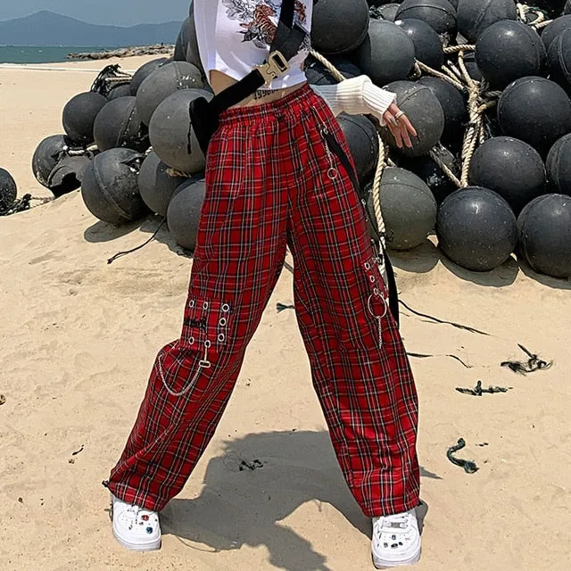 2021 Women HOUZHOU Punk Chain Cargo Pants Harajuku Plaid Pants for Women Sizes S - L