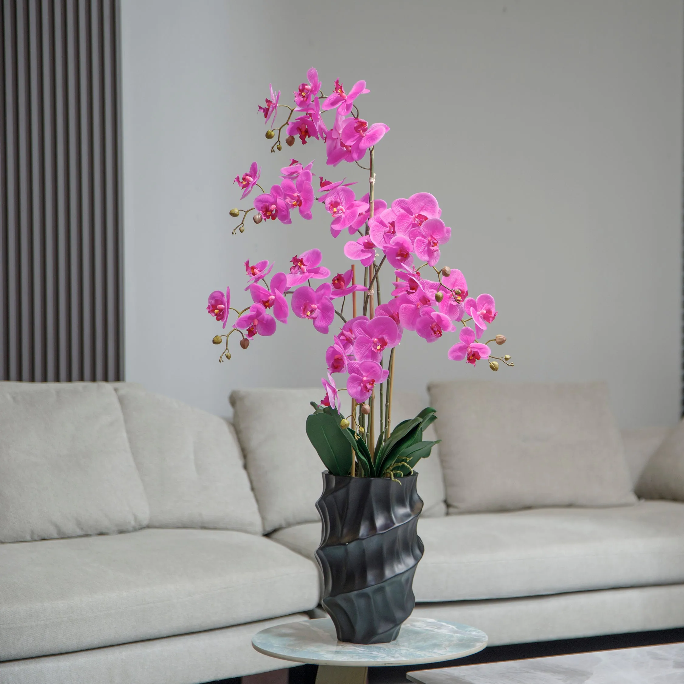 43" Purple Orchids in a Tall Black Planter | Real Touch Purple Moth Phalaenopsis Orchids