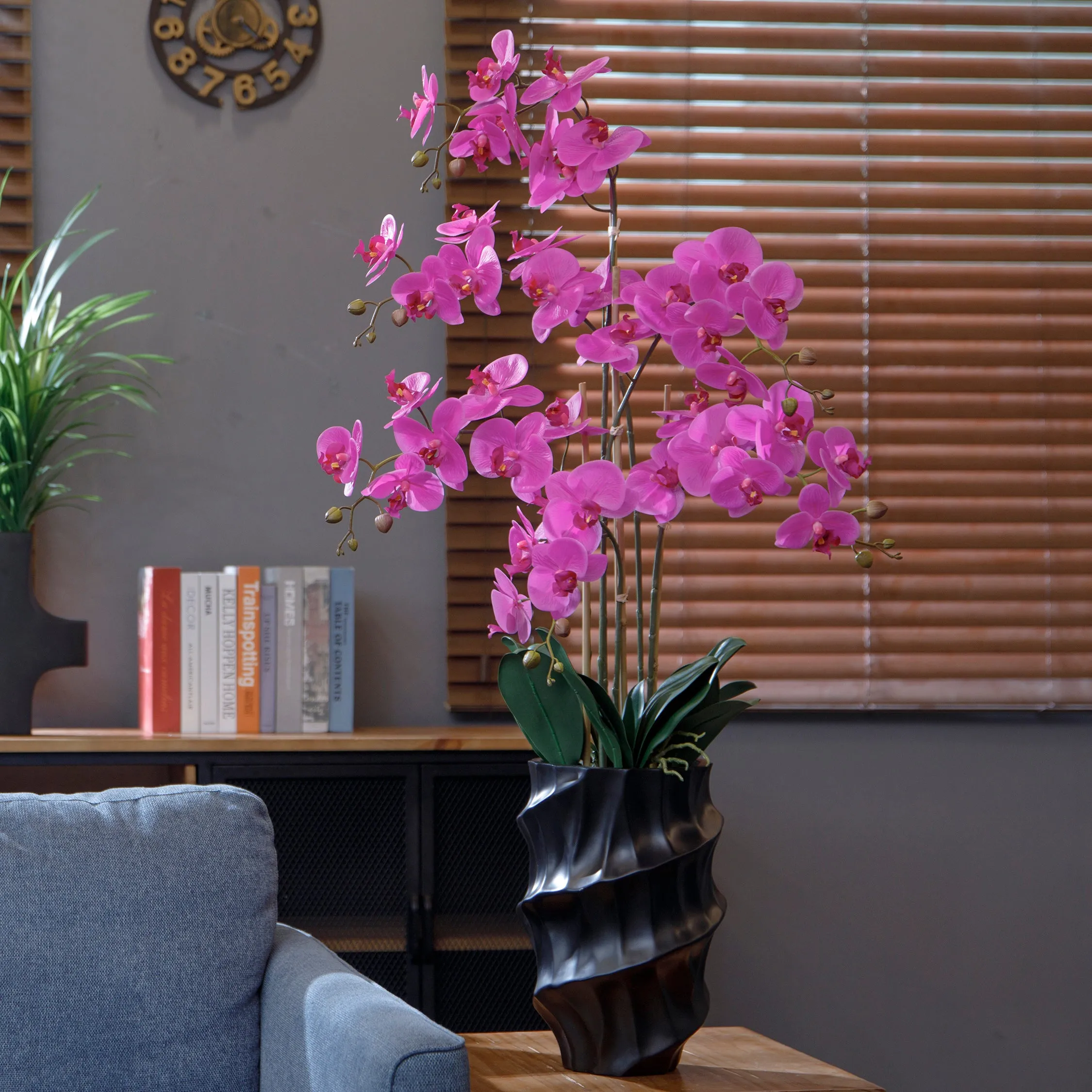 43" Purple Orchids in a Tall Black Planter | Real Touch Purple Moth Phalaenopsis Orchids