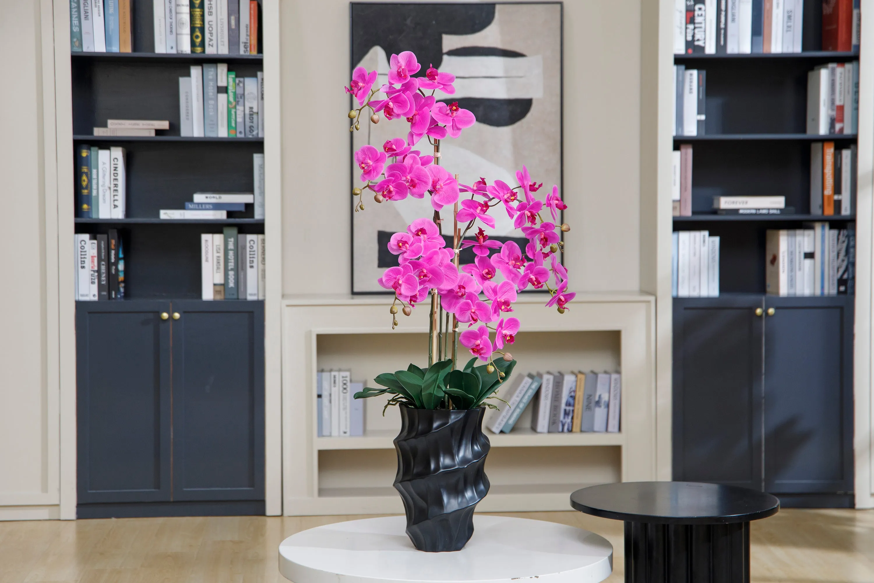 43" Purple Orchids in a Tall Black Planter | Real Touch Purple Moth Phalaenopsis Orchids