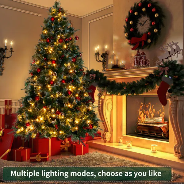 7.5ft Pre-Lit Artificial Flocked Christmas Tree with 350 LED Lights&1200 Branch Tips,Pine Cones& Berries