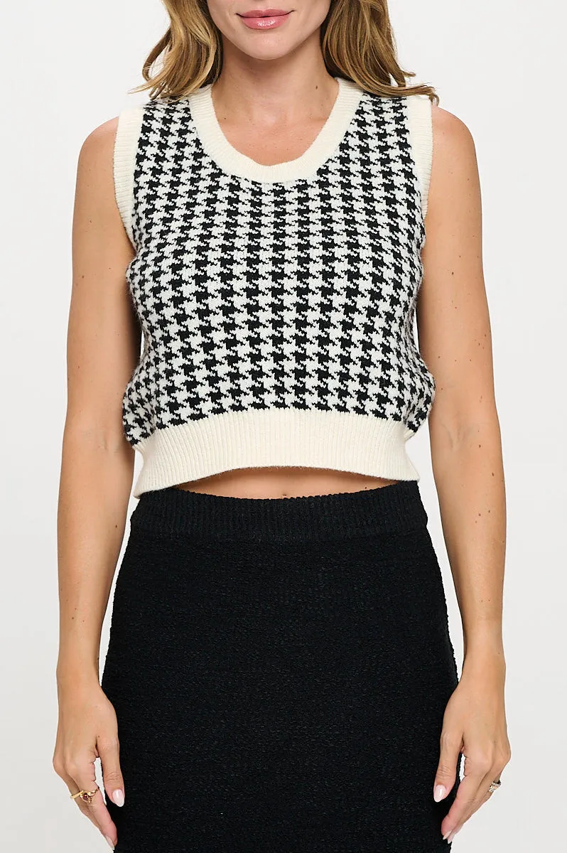 Abstract Plaid Tweed Print Cardigan Top with Vest Set