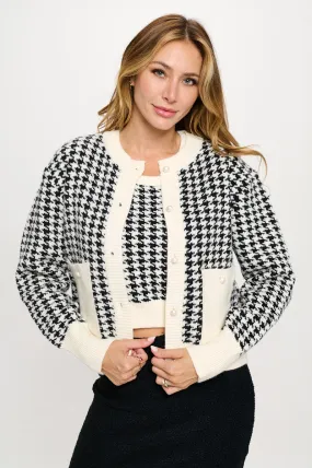 Abstract Plaid Tweed Print Cardigan Top with Vest Set