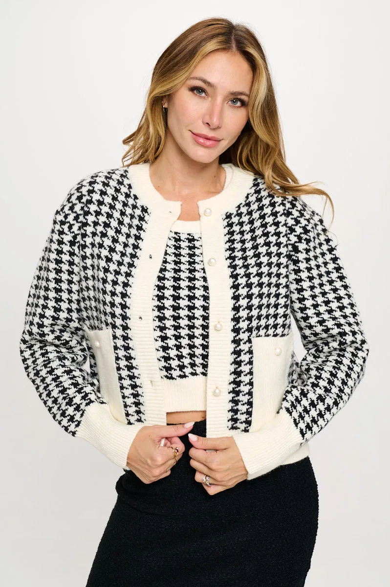 Abstract Plaid Tweed Print Cardigan Top with Vest Set