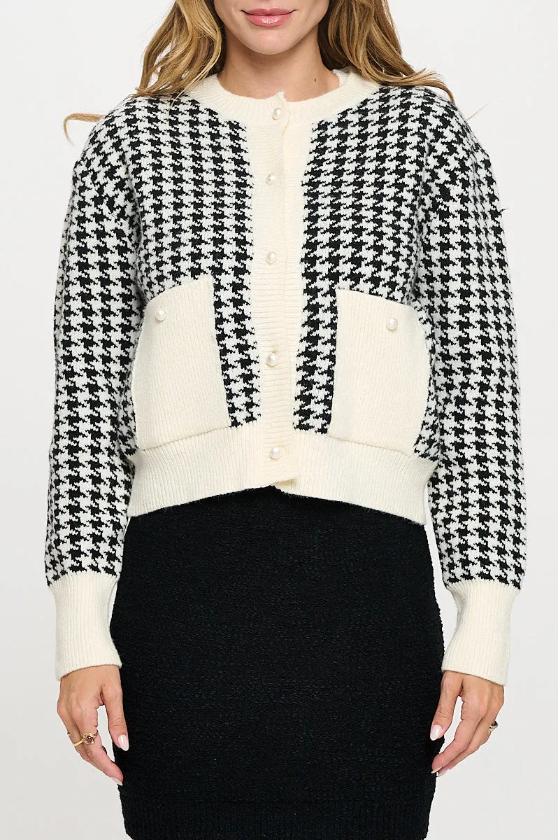 Abstract Plaid Tweed Print Cardigan Top with Vest Set