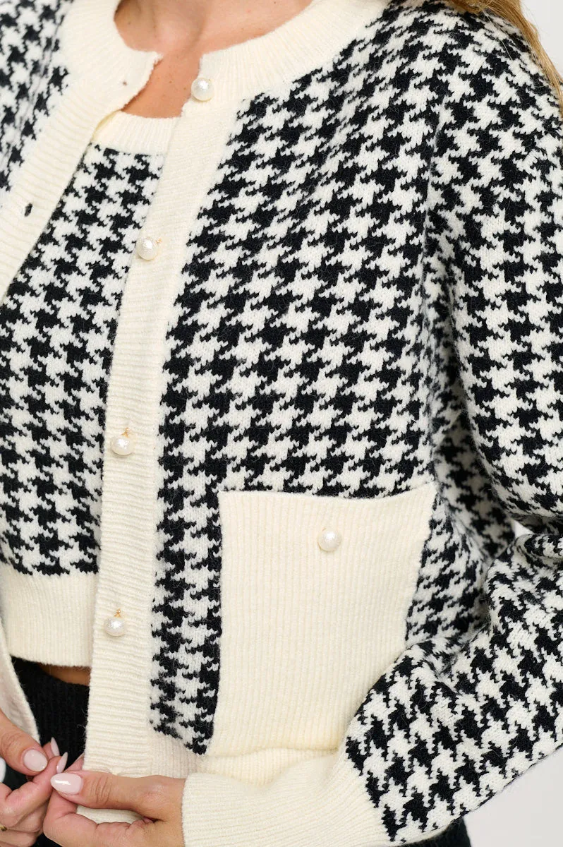Abstract Plaid Tweed Print Cardigan Top with Vest Set