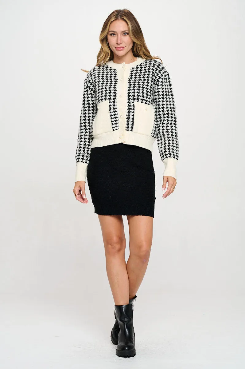 Abstract Plaid Tweed Print Cardigan Top with Vest Set