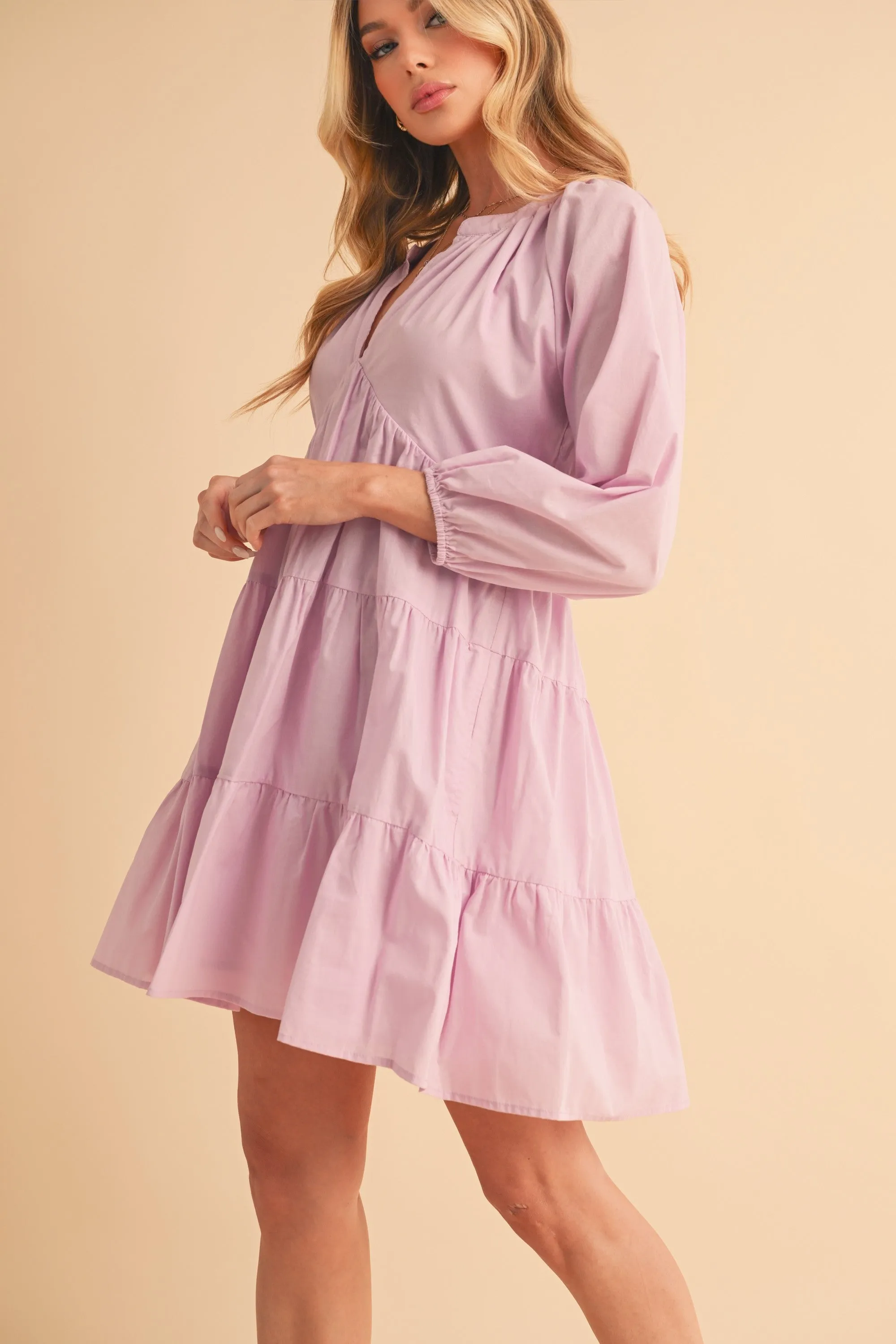 Aemi   Co Notched Balloon Sleeve Tiered Mini Dress