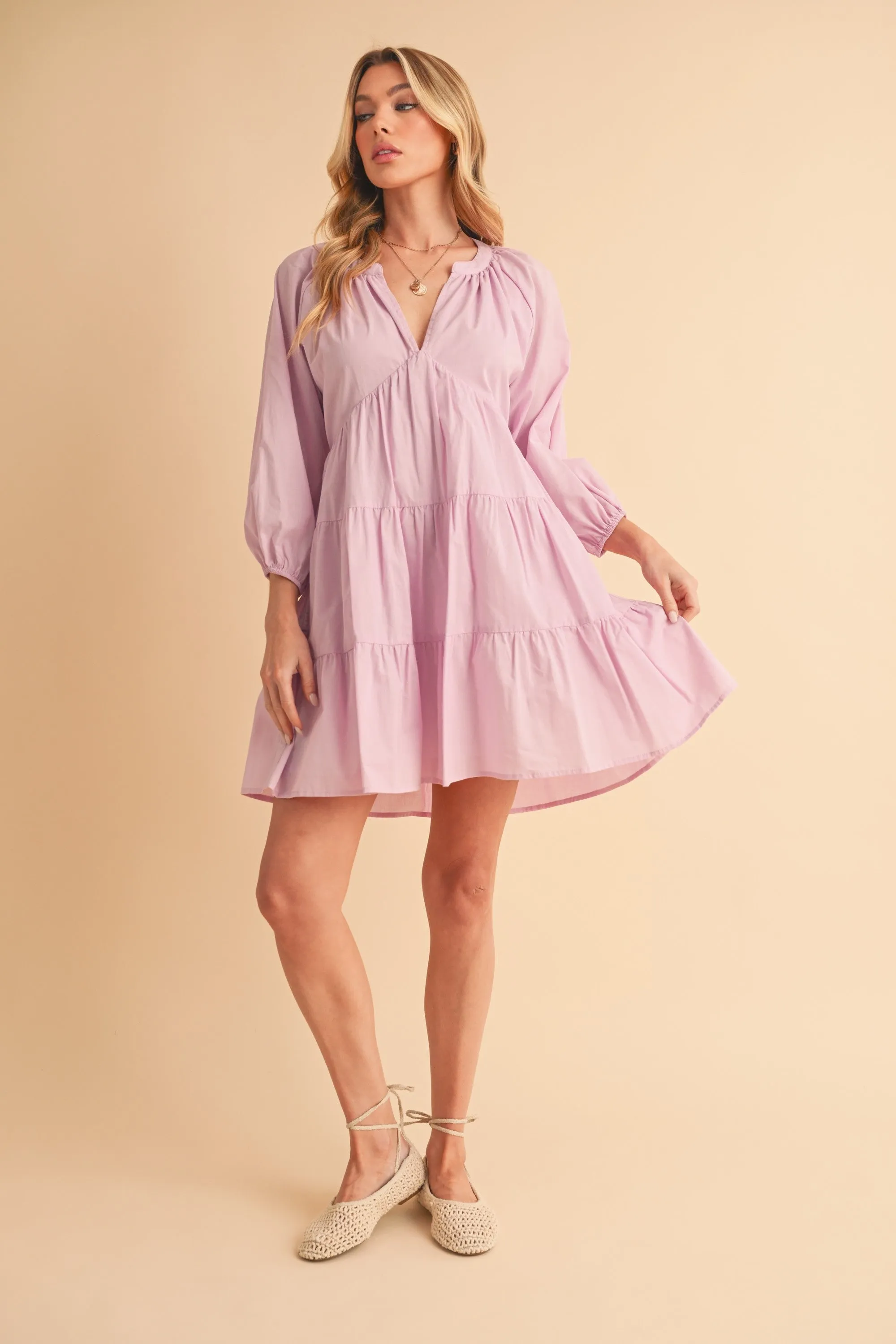 Aemi   Co Notched Balloon Sleeve Tiered Mini Dress
