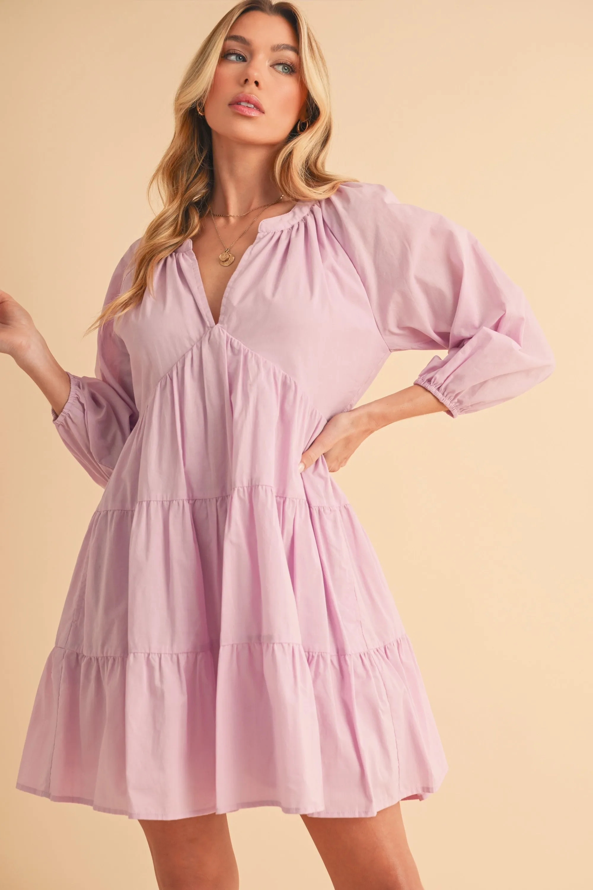 Aemi   Co Notched Balloon Sleeve Tiered Mini Dress