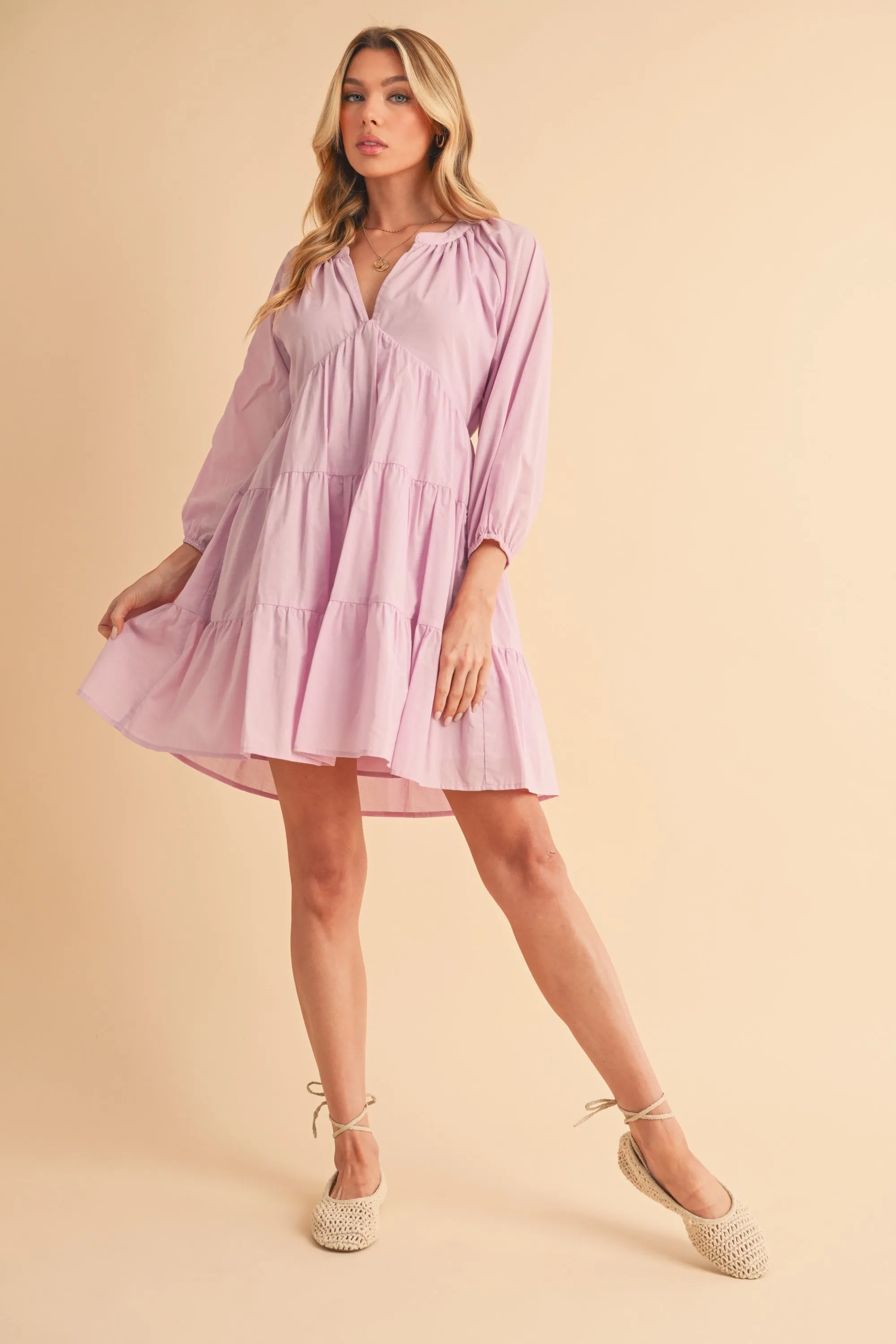 Aemi   Co Notched Balloon Sleeve Tiered Mini Dress
