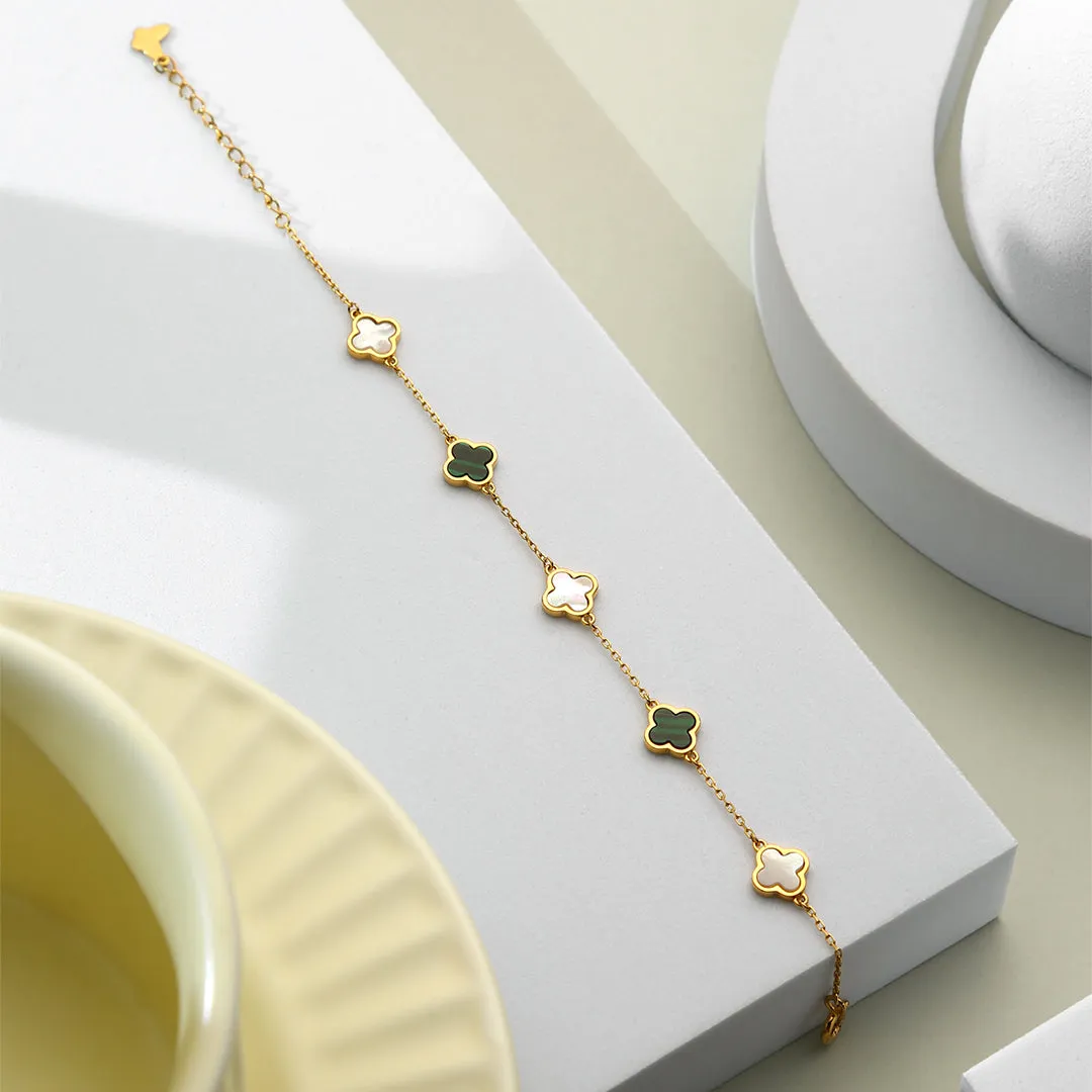 ANBBAS Exquisite Dual Flower Design - 925 Sterling Silver Gold-Plated Bracelet with Green Malachite and Shell Floral Motifs, Embodying Natural Elegance