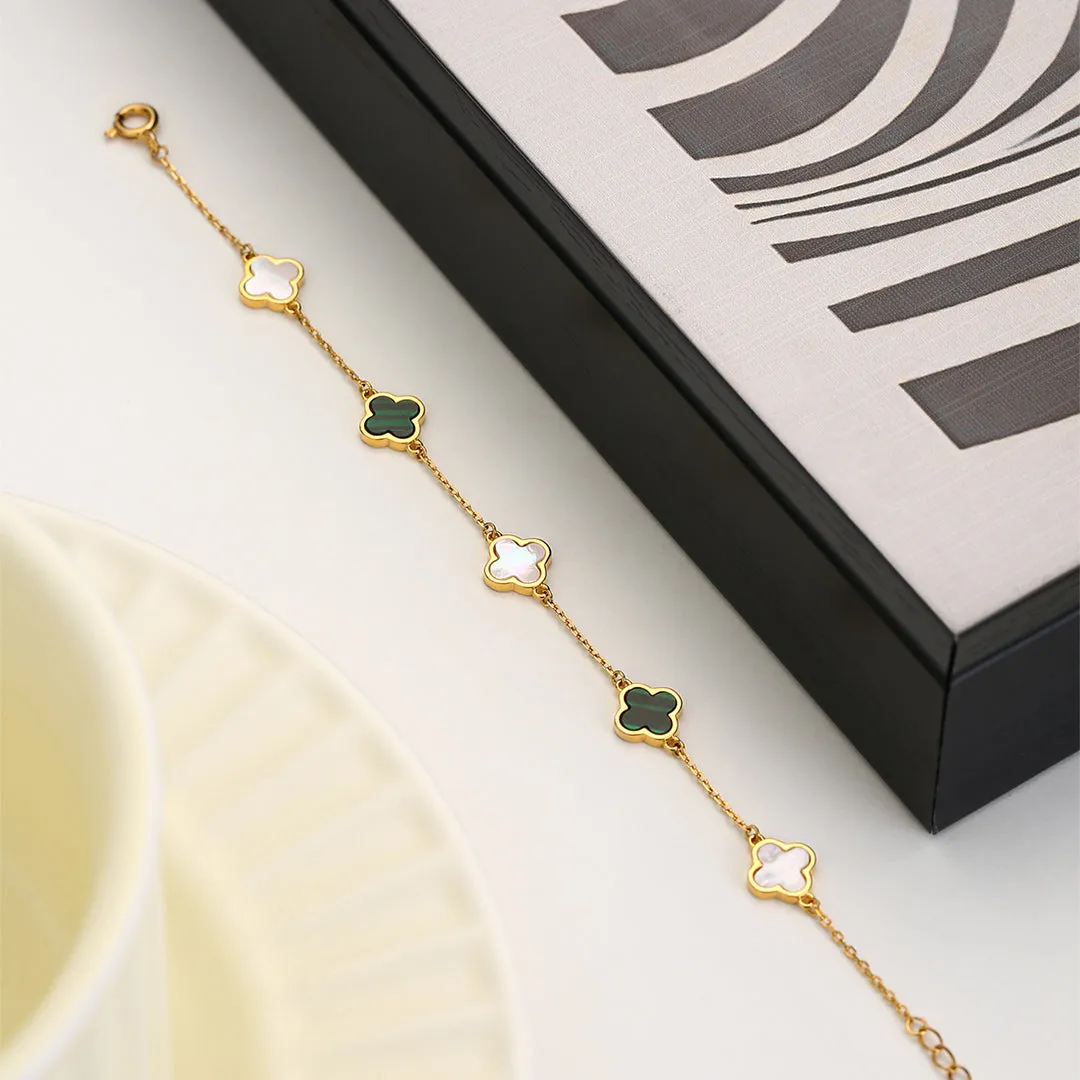 ANBBAS Exquisite Dual Flower Design - 925 Sterling Silver Gold-Plated Bracelet with Green Malachite and Shell Floral Motifs, Embodying Natural Elegance