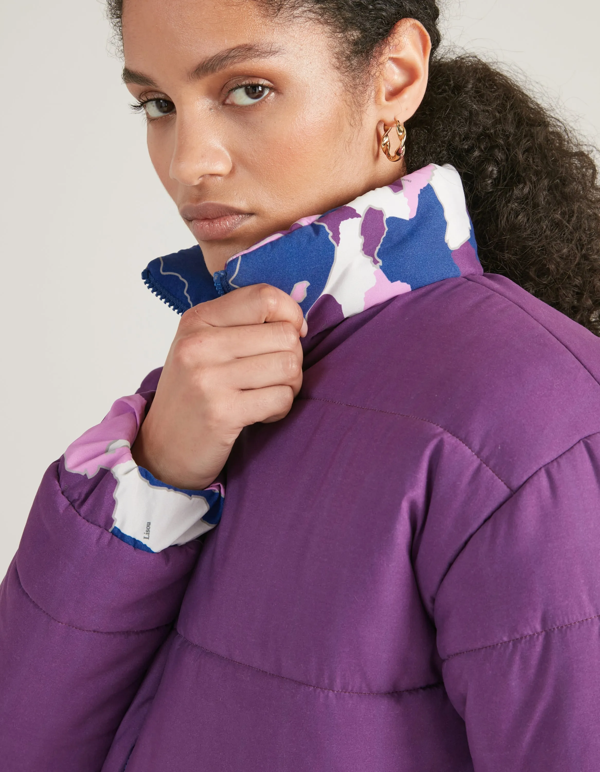 Annie Recycled Polyester Purple AfroCamo Puffer Jacket