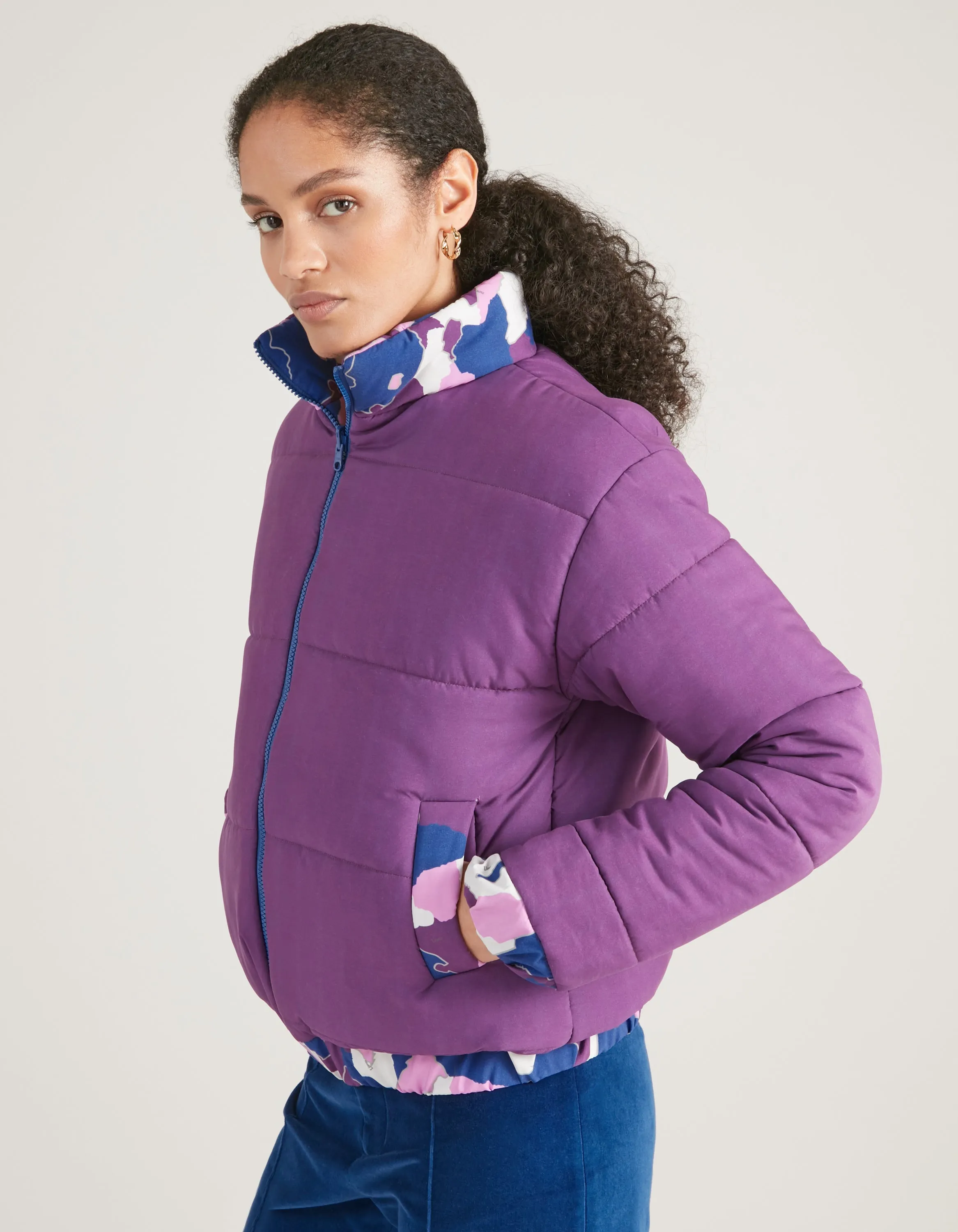 Annie Recycled Polyester Purple AfroCamo Puffer Jacket