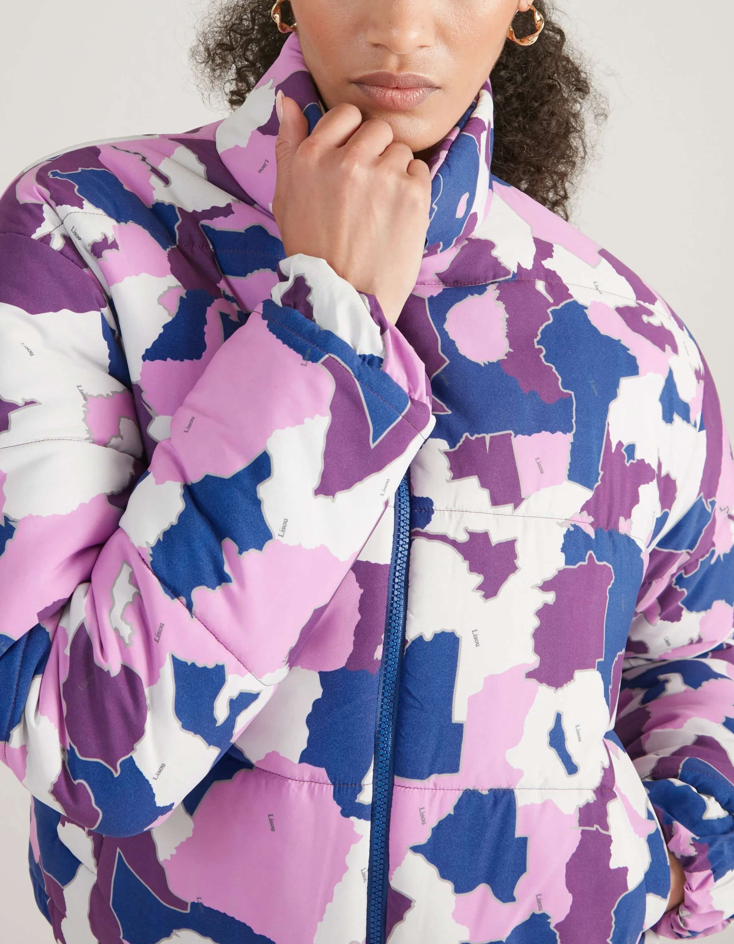 Annie Recycled Polyester Purple AfroCamo Puffer Jacket