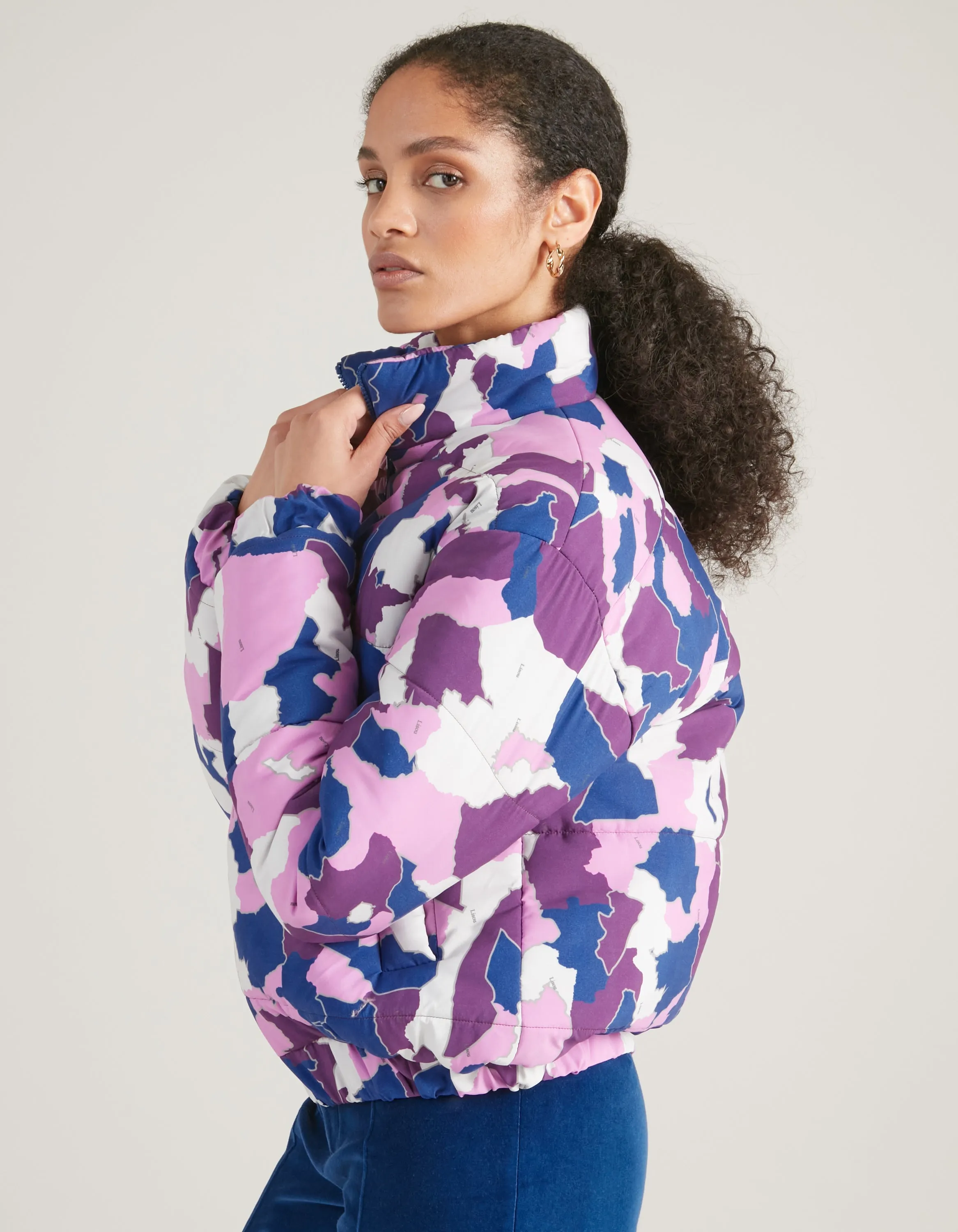 Annie Recycled Polyester Purple AfroCamo Puffer Jacket