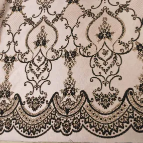 Beige Black and Gold Medallion Textured Brocade Fabric