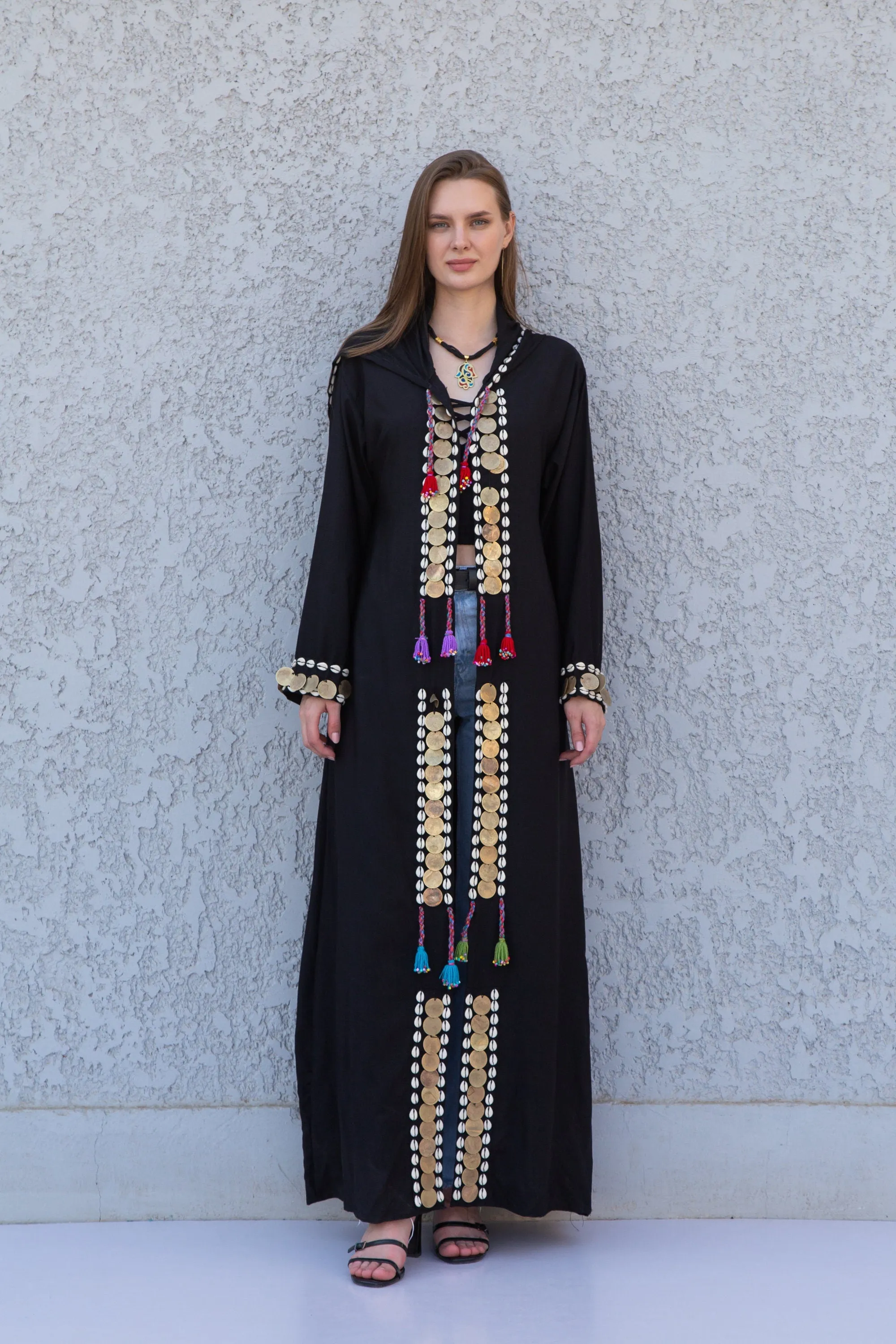 Black accessorized cotton Kimono/coat, Cotton coat with hand stitched beads, coins, Boho summer coat, cardigans for women, Summer Kimono