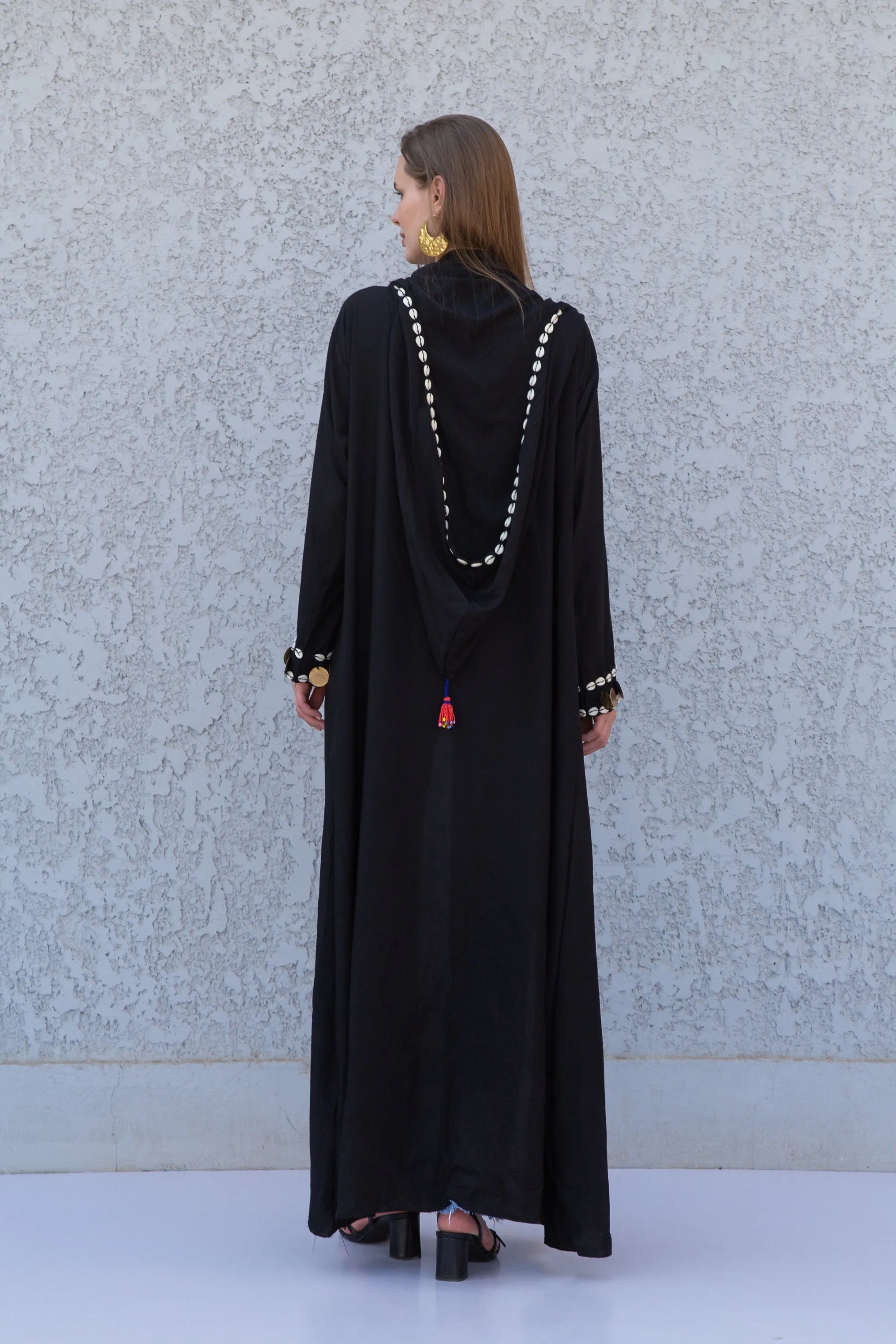 Black accessorized cotton Kimono/coat, Cotton coat with hand stitched beads, coins, Boho summer coat, cardigans for women, Summer Kimono