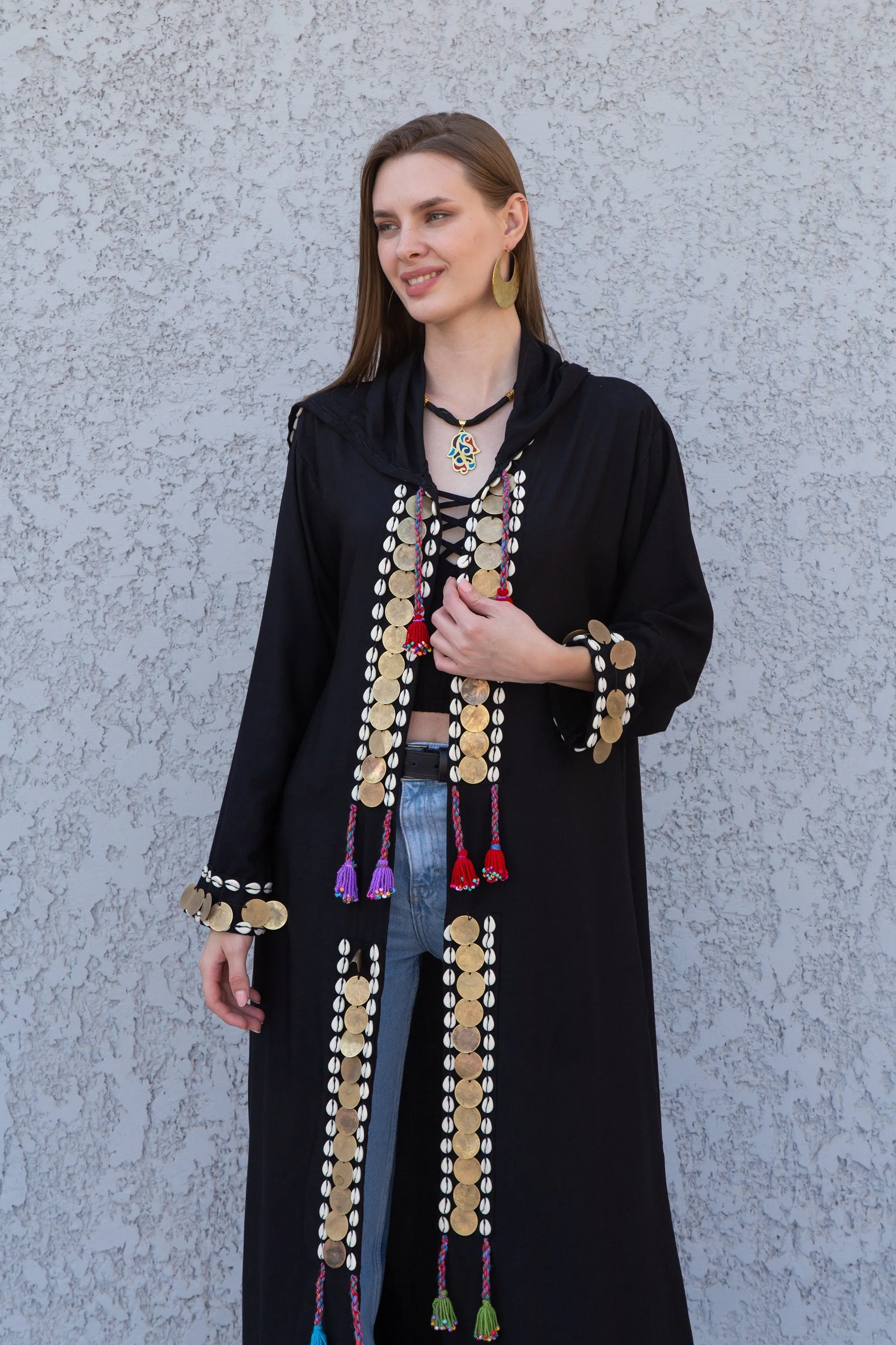 Black accessorized cotton Kimono/coat, Cotton coat with hand stitched beads, coins, Boho summer coat, cardigans for women, Summer Kimono