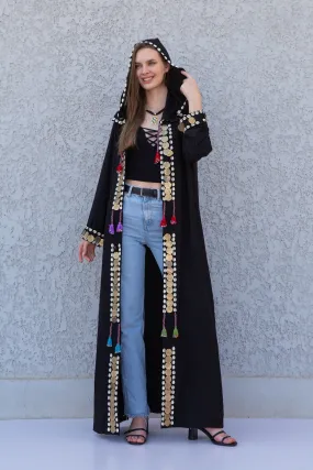 Black accessorized cotton Kimono/coat, Cotton coat with hand stitched beads, coins, Boho summer coat, cardigans for women, Summer Kimono