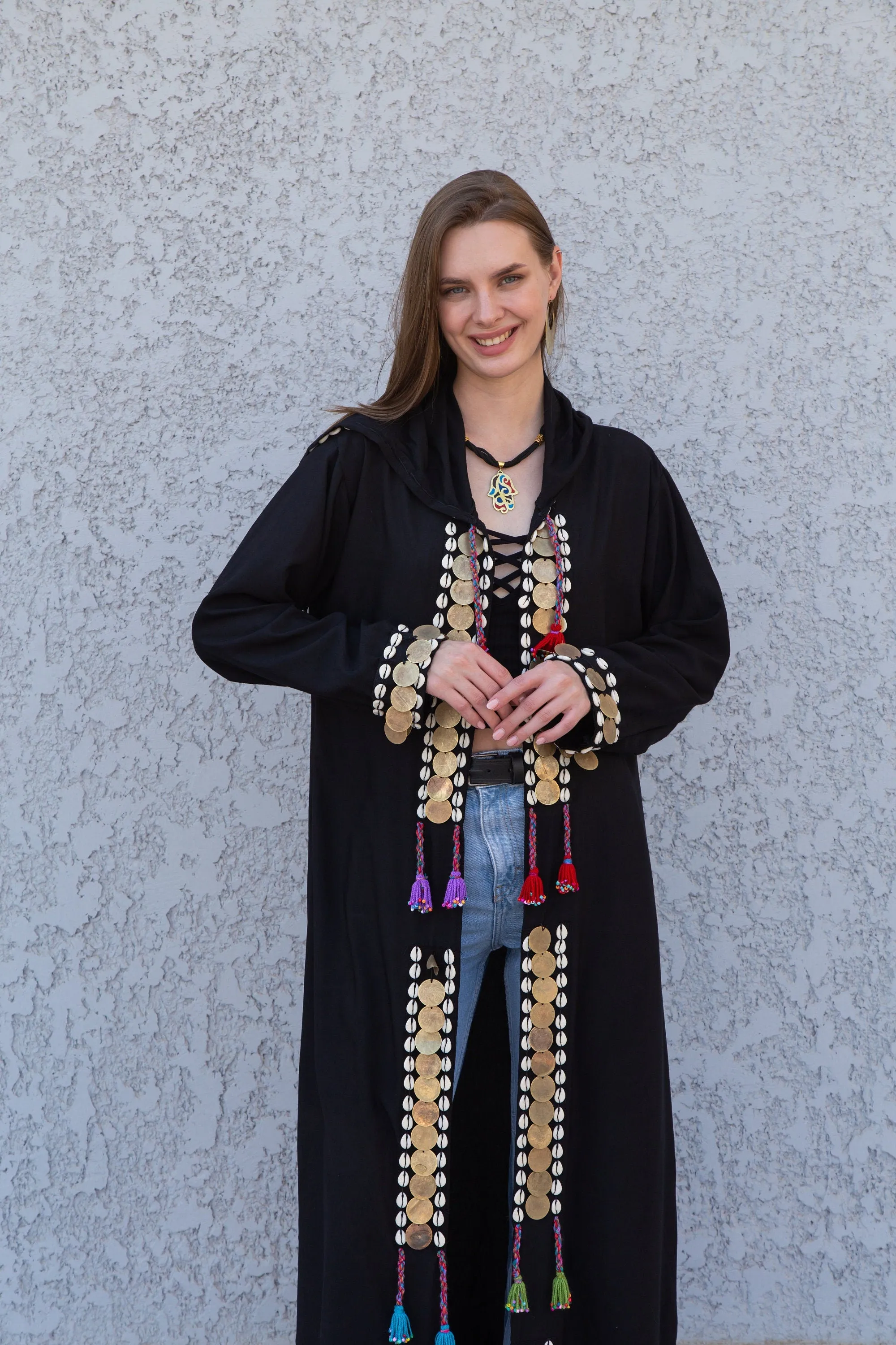 Black accessorized cotton Kimono/coat, Cotton coat with hand stitched beads, coins, Boho summer coat, cardigans for women, Summer Kimono