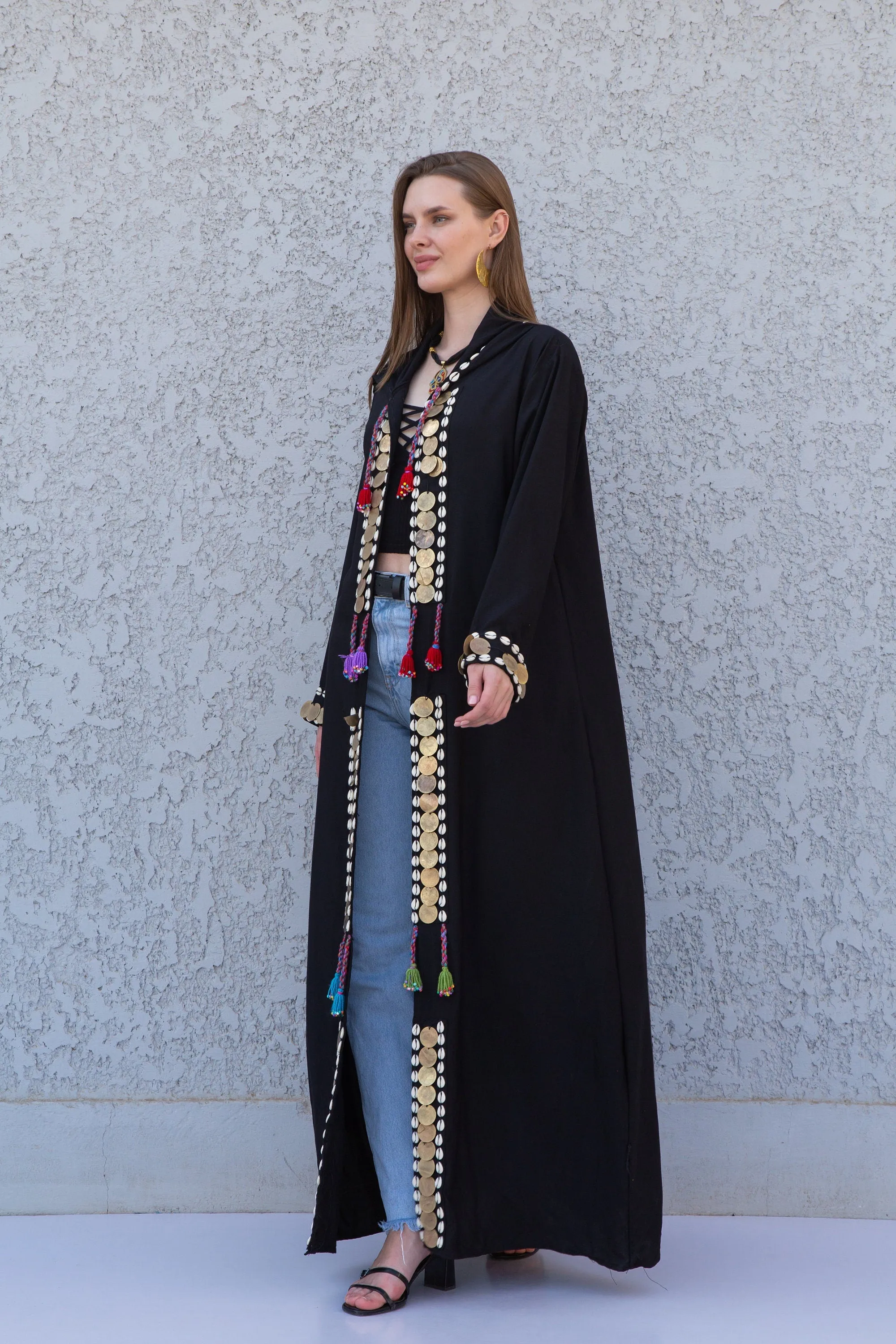 Black accessorized cotton Kimono/coat, Cotton coat with hand stitched beads, coins, Boho summer coat, cardigans for women, Summer Kimono