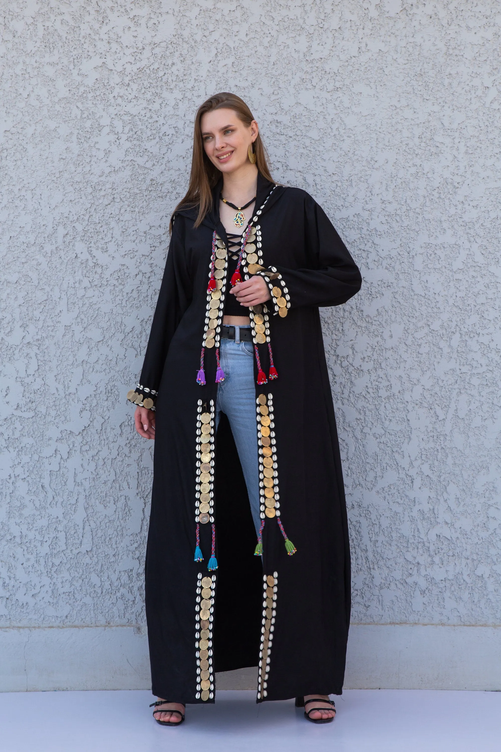 Black accessorized cotton Kimono/coat, Cotton coat with hand stitched beads, coins, Boho summer coat, cardigans for women, Summer Kimono