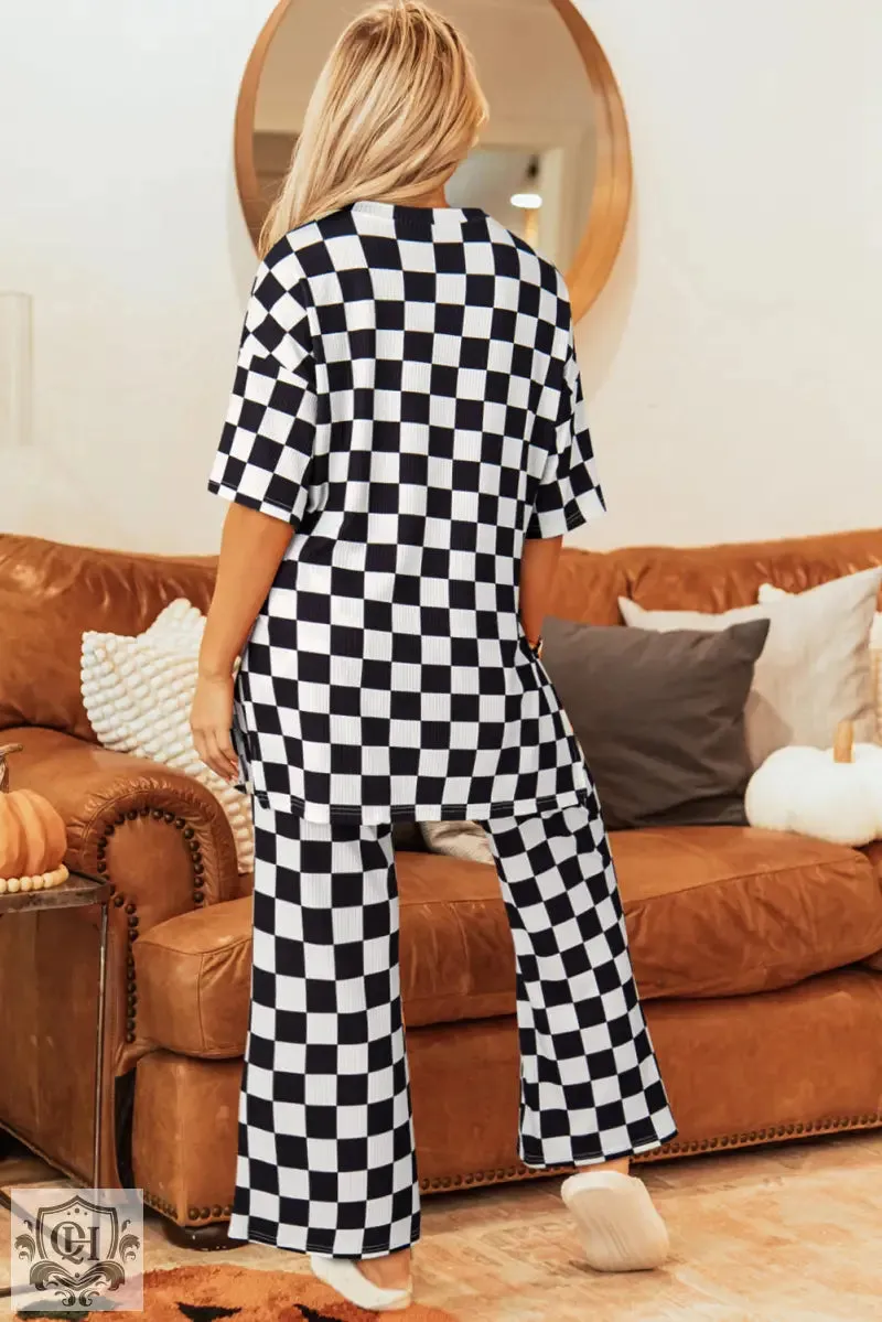 Black Checkered Print Half Sleeve Tunic Top and Flared Pants Set