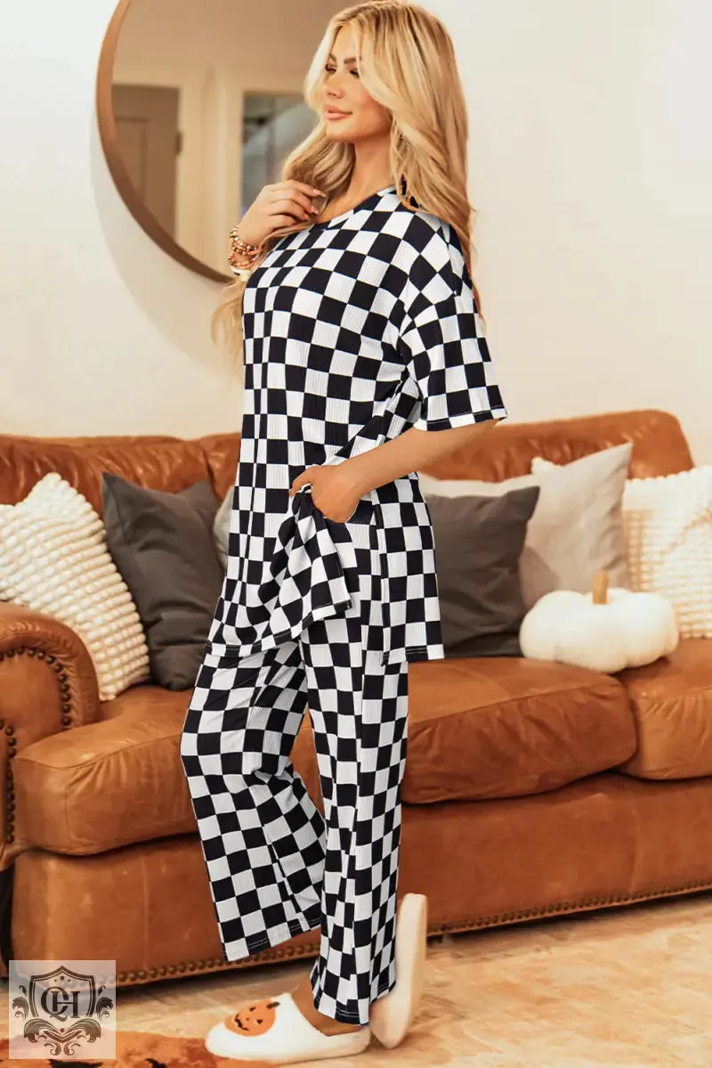 Black Checkered Print Half Sleeve Tunic Top and Flared Pants Set