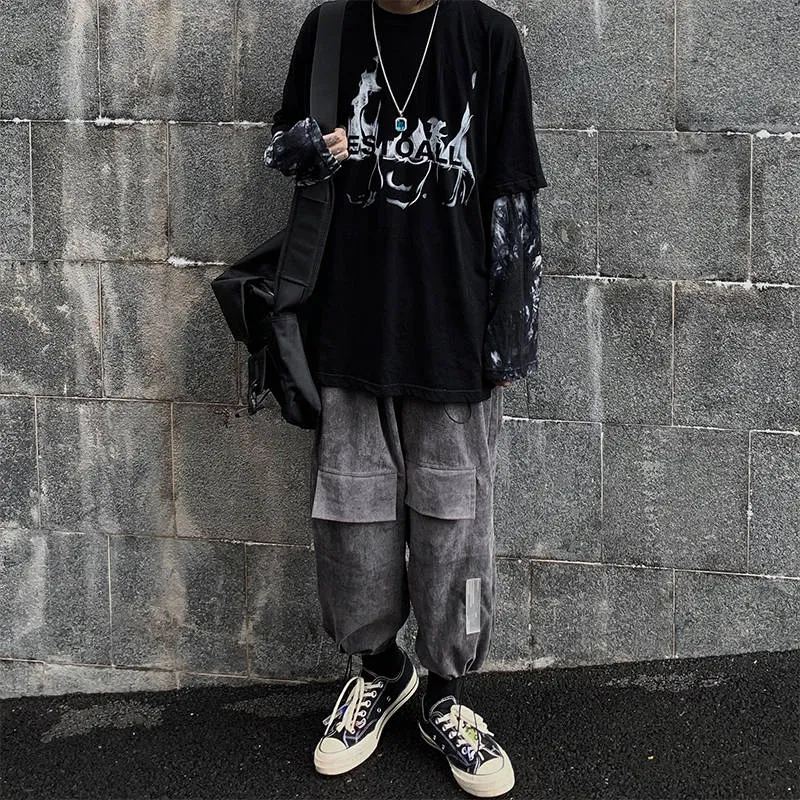 Black Hip Hop T-Shirt Mens Casual Autumn Tops Tee Fake Two Piece Long Sleeve Men T Shirt Fashion Japan Tshirt Streetwear Boys