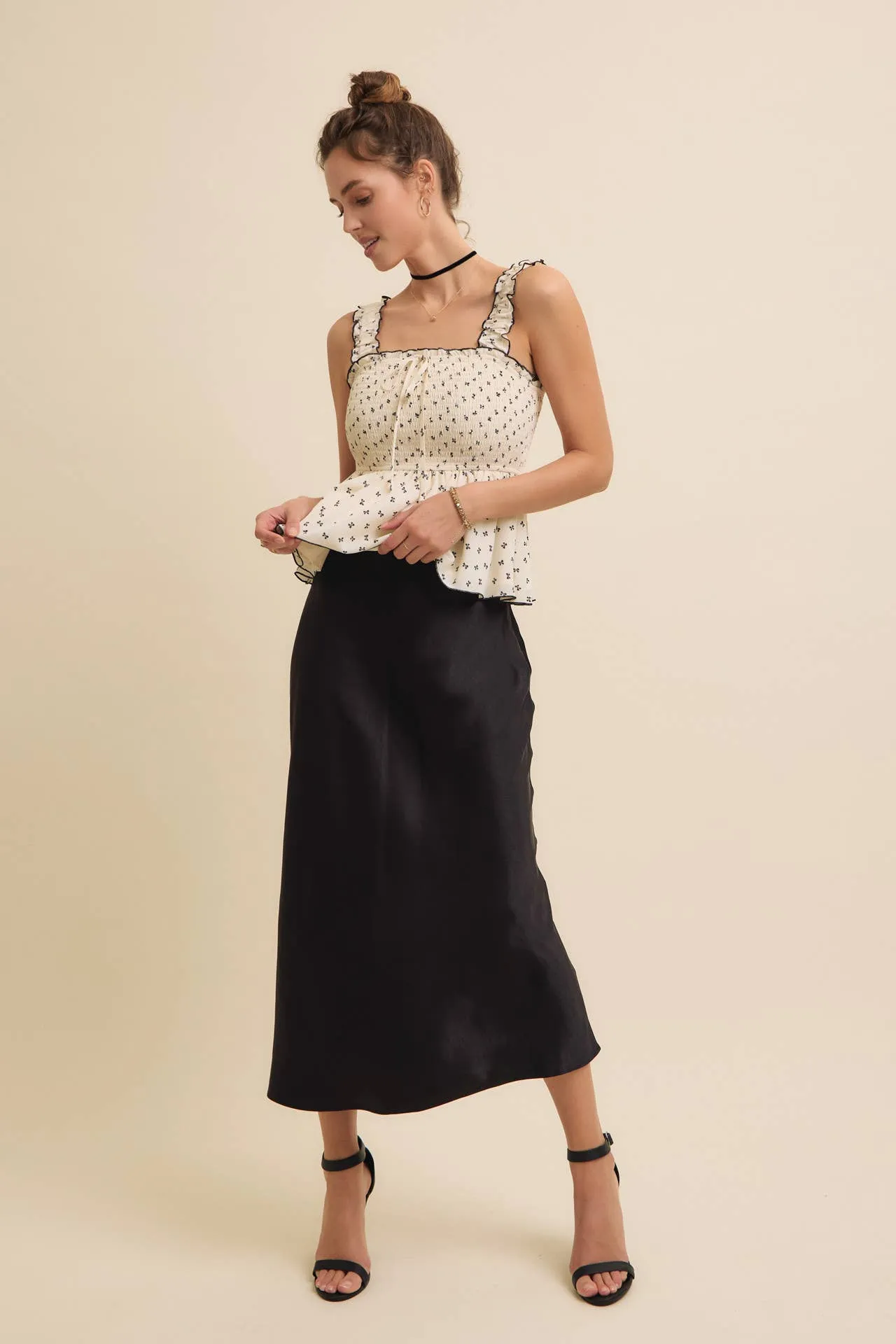 Black Silky Satin Bias Cut Skirt