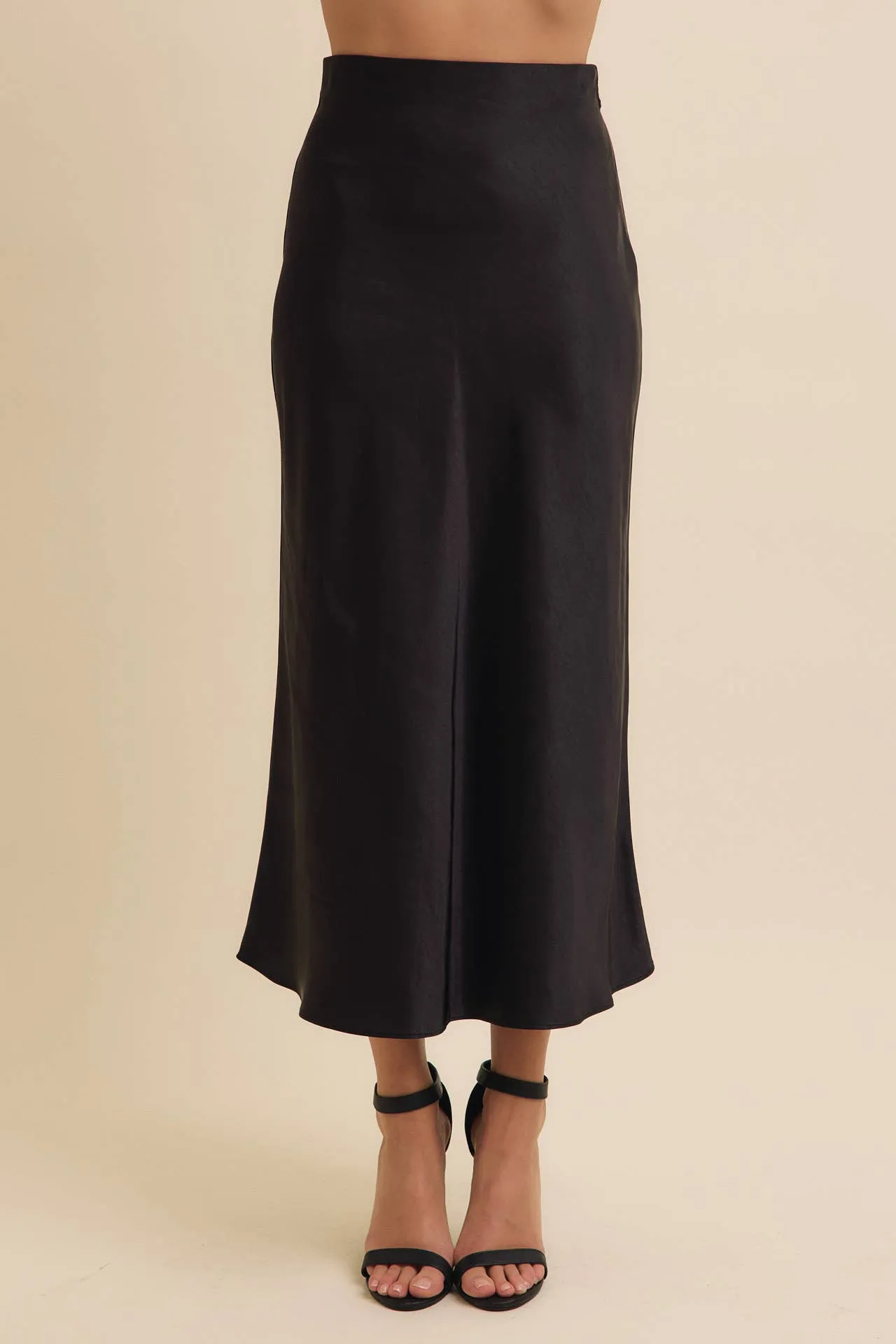 Black Silky Satin Bias Cut Skirt