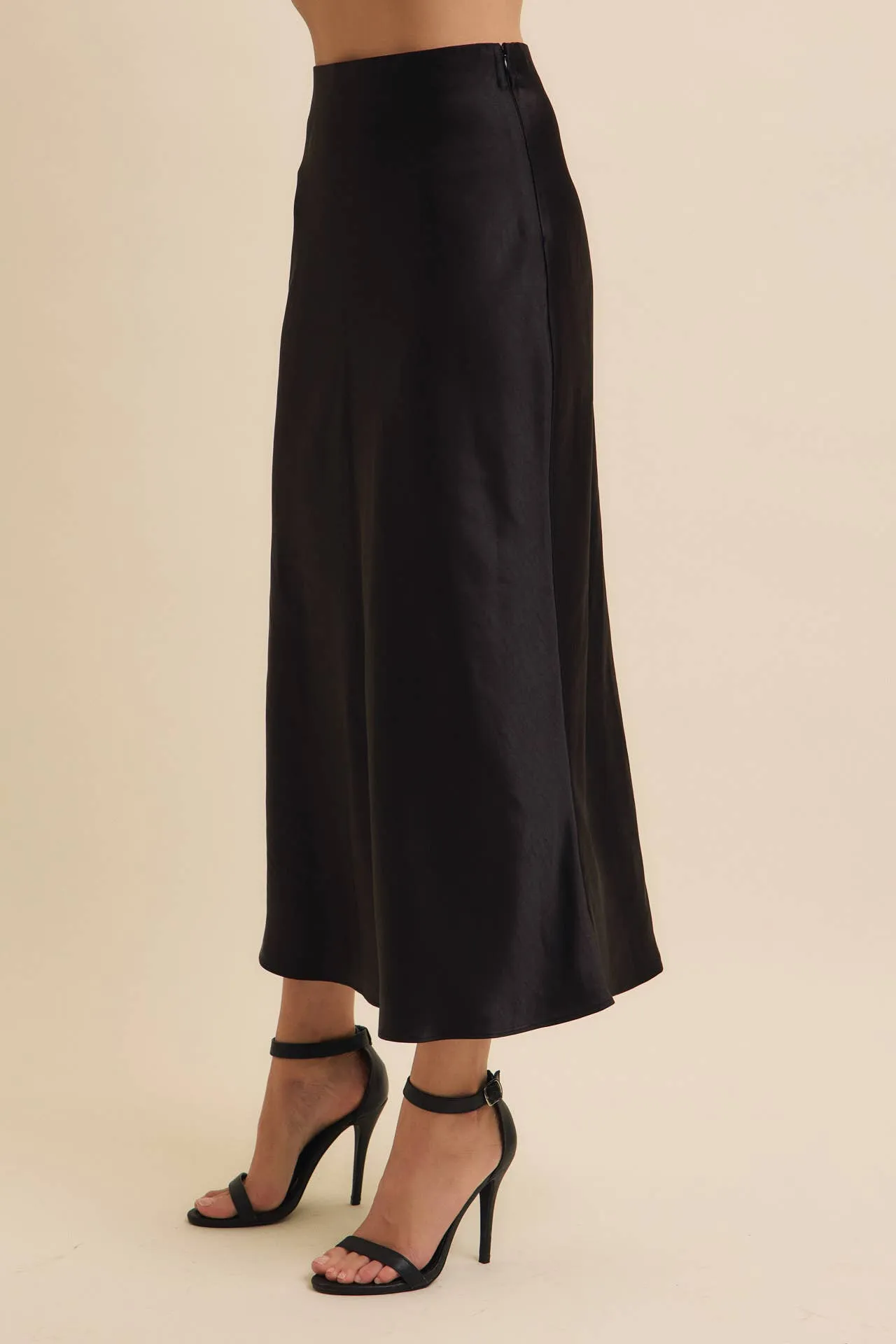 Black Silky Satin Bias Cut Skirt