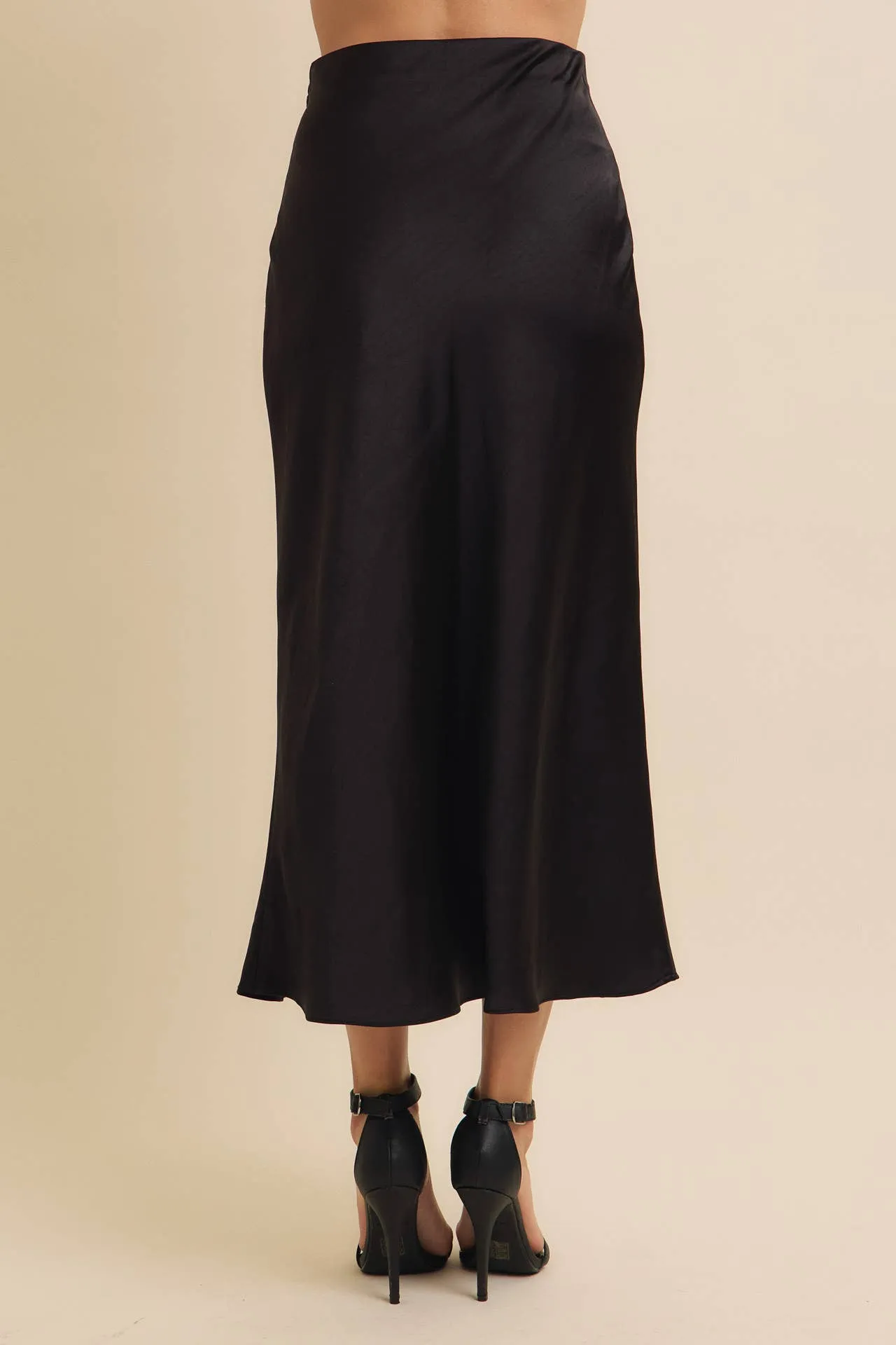 Black Silky Satin Bias Cut Skirt