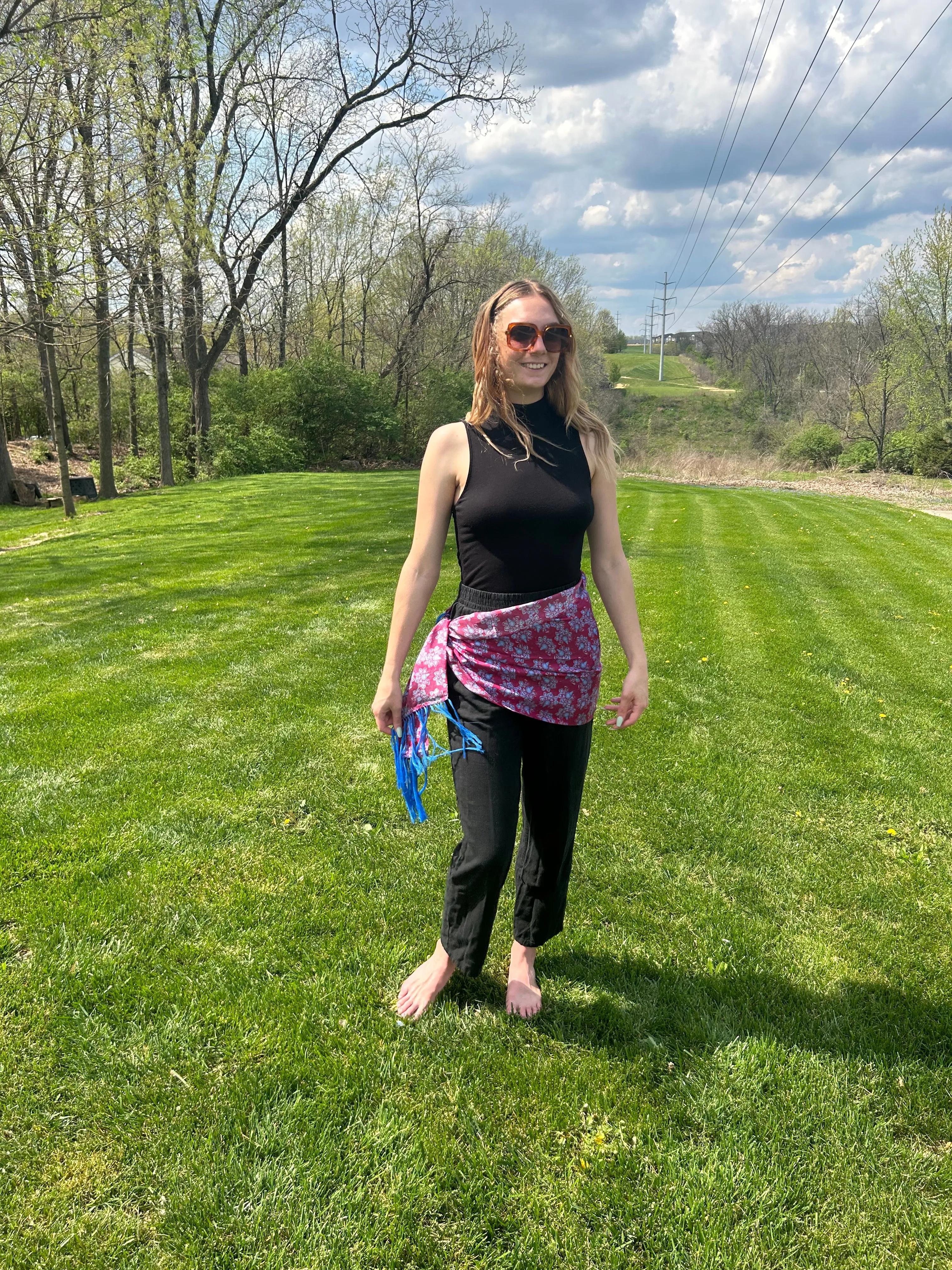 Blowing Flowers on Pink	Scarf , 15x58", Habu Silk, Hanknotted Fringe