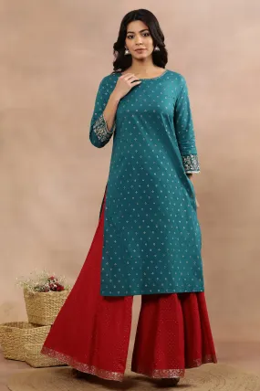 Blue Embellished Kurta And Glitter Printed Culottes