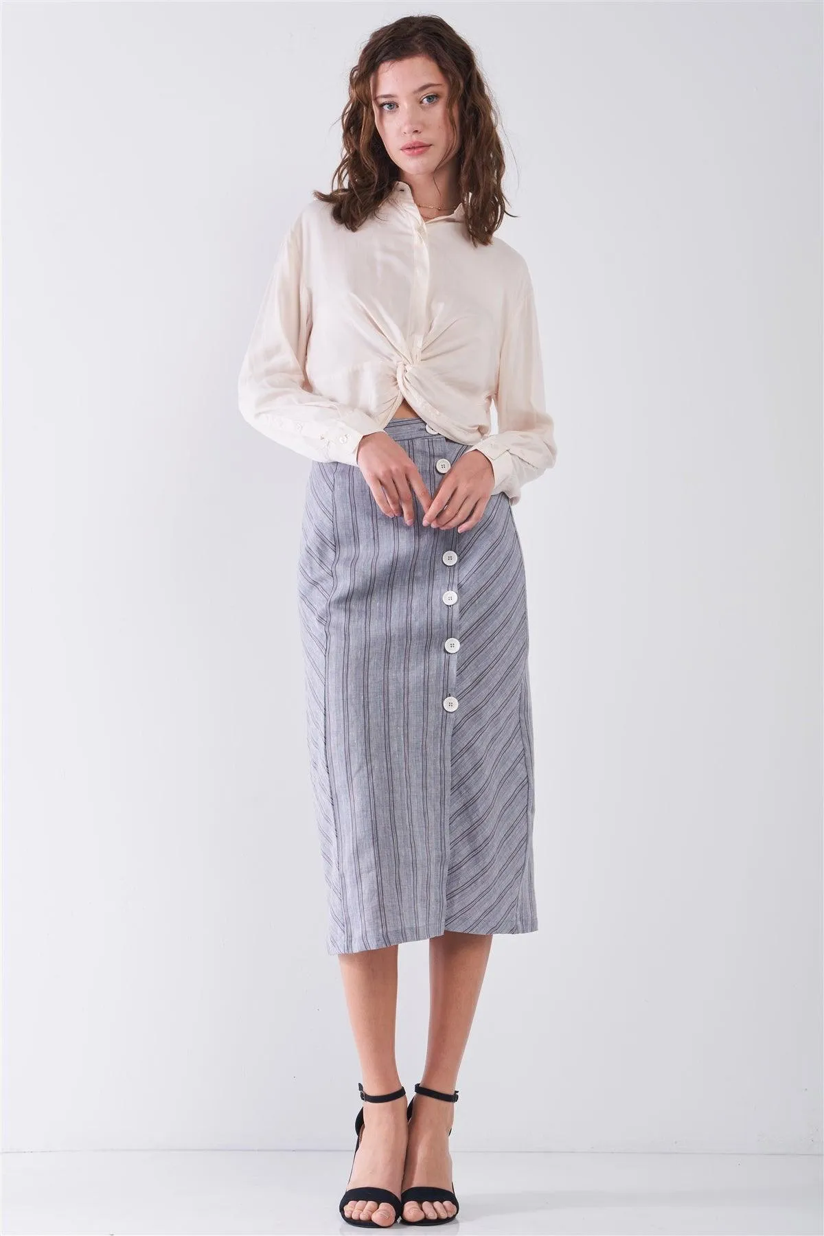 Blue-Grey Striped High Waist Side Button-Down Trim Slit Detail Pencil Fit Linen Midi Skirt /3-2-1