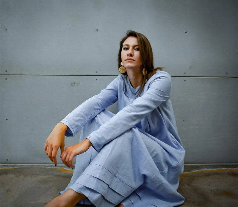 Blue linen dress, long linen womens dress, Plus size linen dress, pleated linen dress, dress with pockets C1382