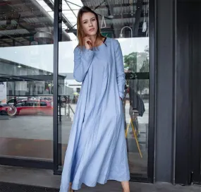 Blue linen dress, long linen womens dress, Plus size linen dress, pleated linen dress, dress with pockets C1382