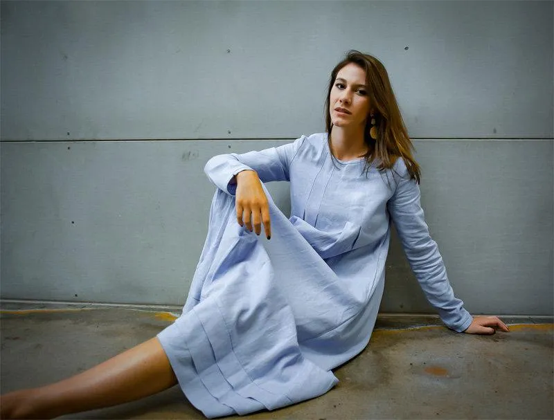 Blue linen dress, long linen womens dress, Plus size linen dress, pleated linen dress, dress with pockets C1382