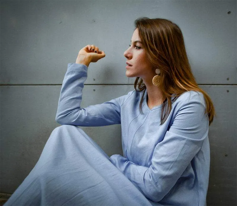 Blue linen dress, long linen womens dress, Plus size linen dress, pleated linen dress, dress with pockets C1382