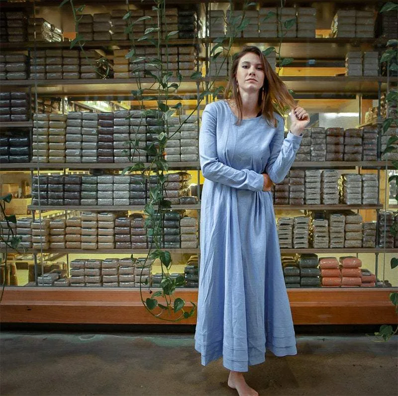 Blue linen dress, long linen womens dress, Plus size linen dress, pleated linen dress, dress with pockets C1382