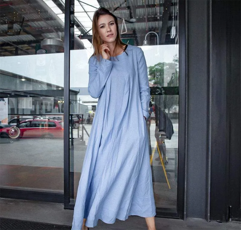 Blue linen dress, long linen womens dress, Plus size linen dress, pleated linen dress, dress with pockets C1382